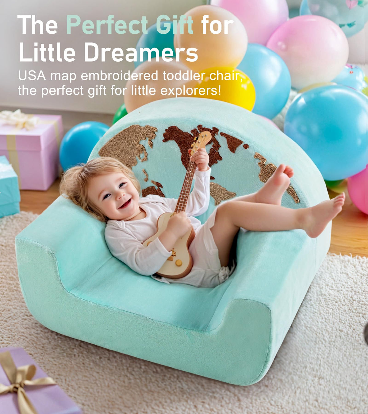 Kids Chair Comfy, Snuggly-Soft Toddler Armchair, Cuddly Kids Foam Chair for Boys and Girls, Portable Toddlers Reading Chairs, Toddler Chairs Comfy 1-3 Years Old, Colorful US Map Design, Blue