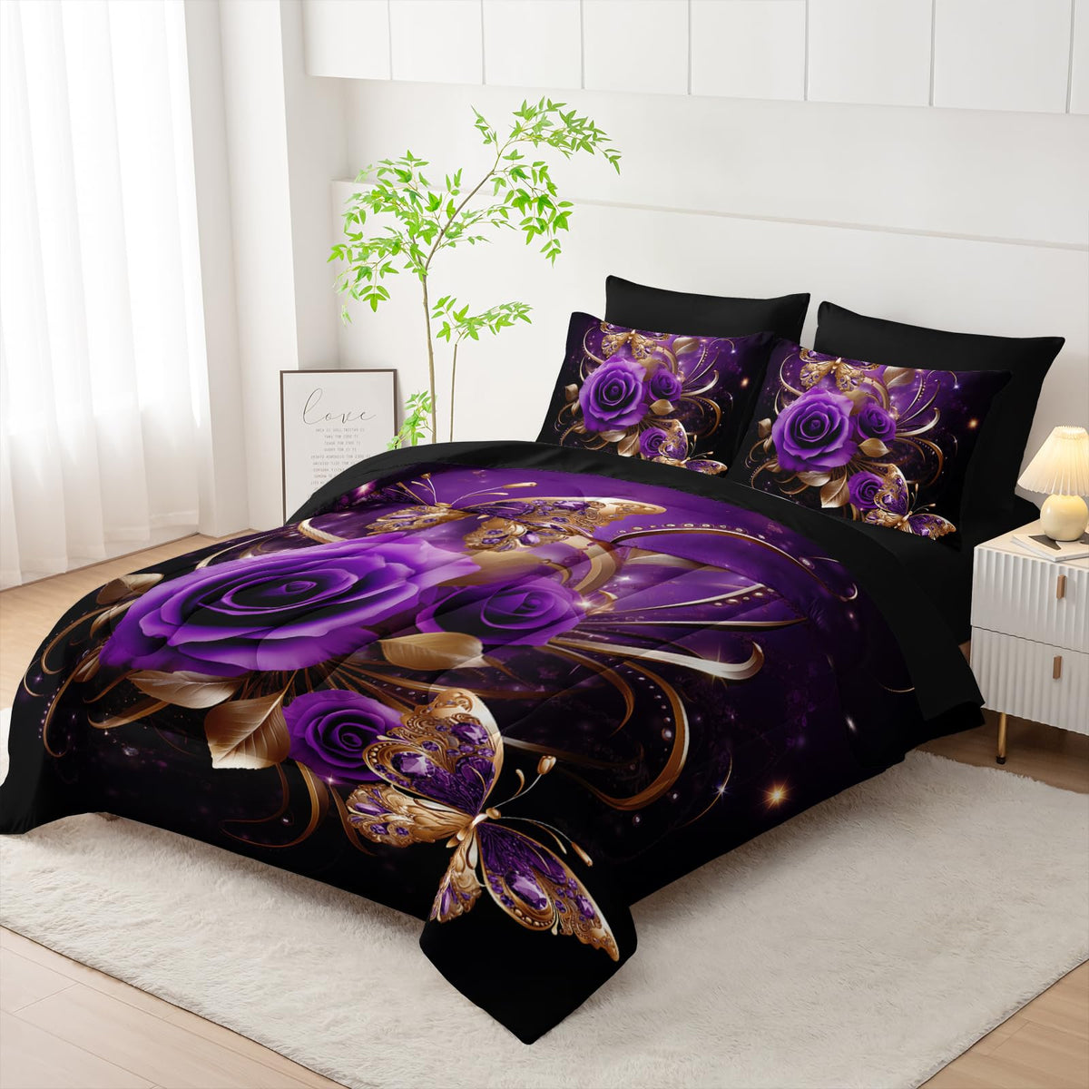 AILONEN Gold Purple Rose Flower Comforter Set Queen - 7Pcs Soft Floral Butterfly Bed in a Bag -Girls Rose Comforter,Fitted Sheet,Flat Sheet,2 Pillowcases,2 Pillow Shams for Women