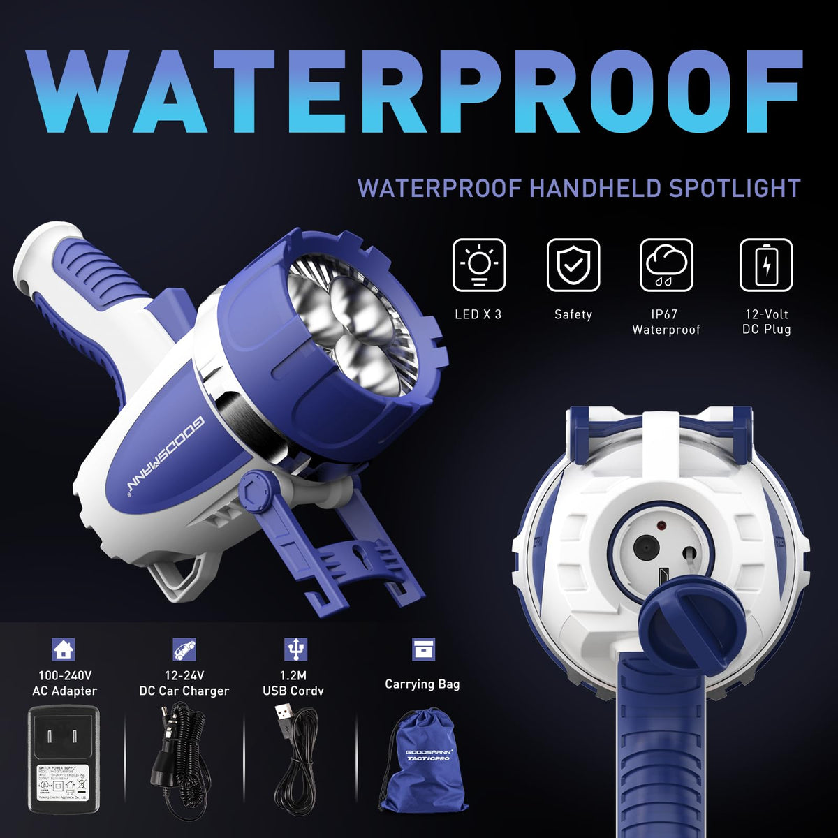 GOODSMANN Rechargeable Spotlight Flashlight LED Handheld Spot Lights Outdoor Portable IP67 Waterproof Searchlights Marine Spot Lights up to 3000 Lumen for Hiking, Boating, Hunting