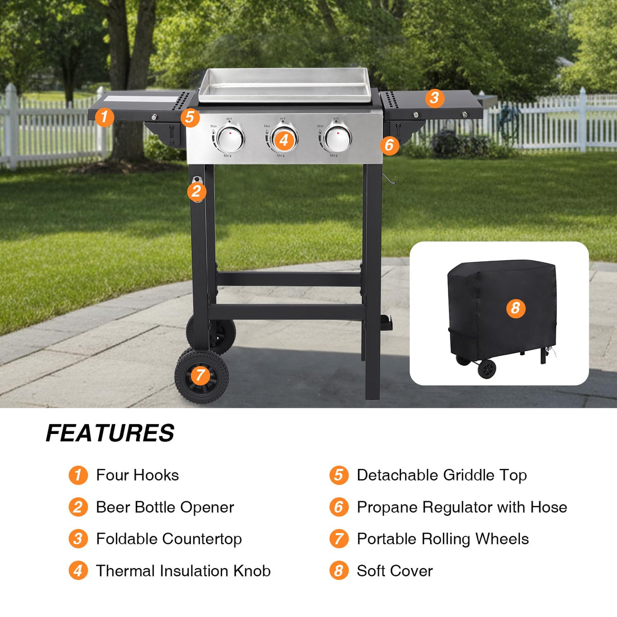 GRILL DEPOTS Gas Grill Griddle Combo with 3 Burners - Propane Grill on Cart - Stainless Steel 30,000 BTU -Camping Grill with 2 Foldable Tables, Cover - Outdoor Cooking Station for BBQ Backyard