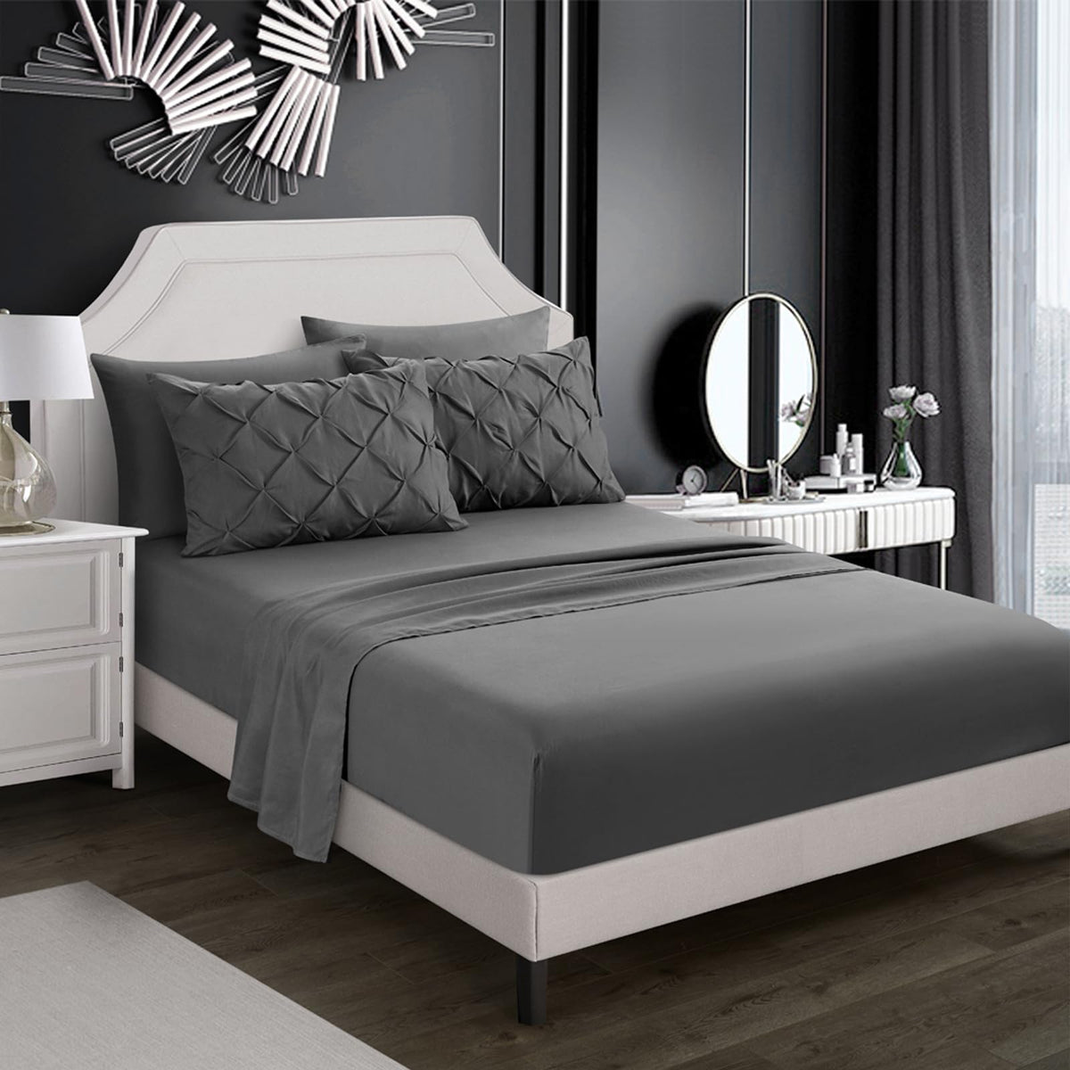 AiMay 6 PC Sheet Pillowcase Set Deep Pocket Double Brushed Microfiber Soft Durable Solid Color Wrinkle Free 1 Flat Sheet 1 Fitted Sheet 2 Pillowcases 2 Pinch Plated Pillowcases(Gray, Queen)