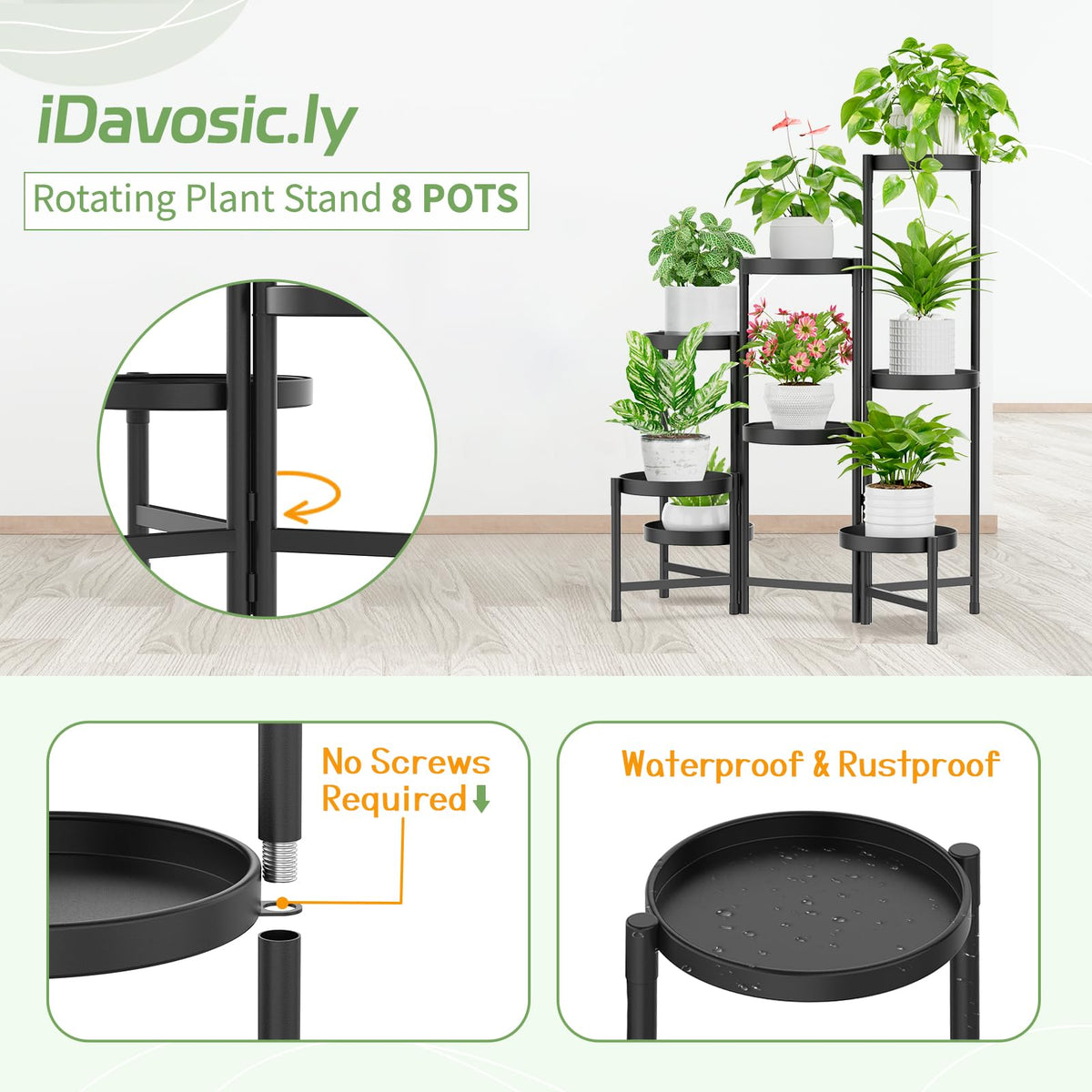 iDavosic.ly Plant Stand Indoor Outdoor, 8 Tier Corner Metal Flower Display Holder Shelf, Folding Tall Orchid Rack for Patio Balcony Porch Garden Living Room House, Black
