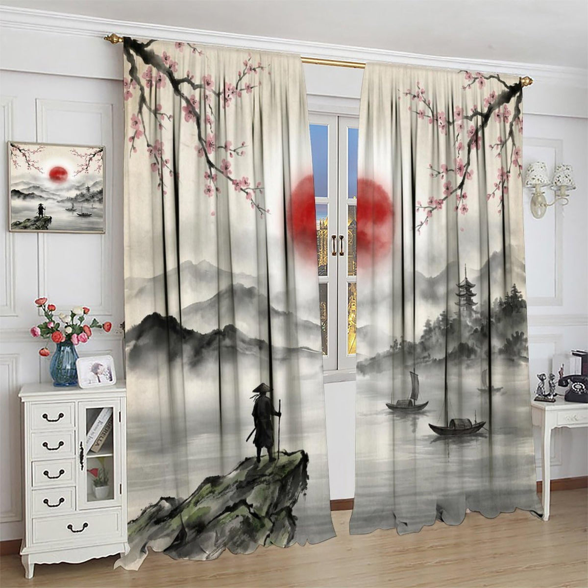 Nsbul Japanese Samurai Curtains, Ink Wash Cherry Blossom Misty Mountain Pagoda Lake Boat Oriental Window Drapes for Bedroom Living Room Home Decor, 42" W X 45" L（No Blackout