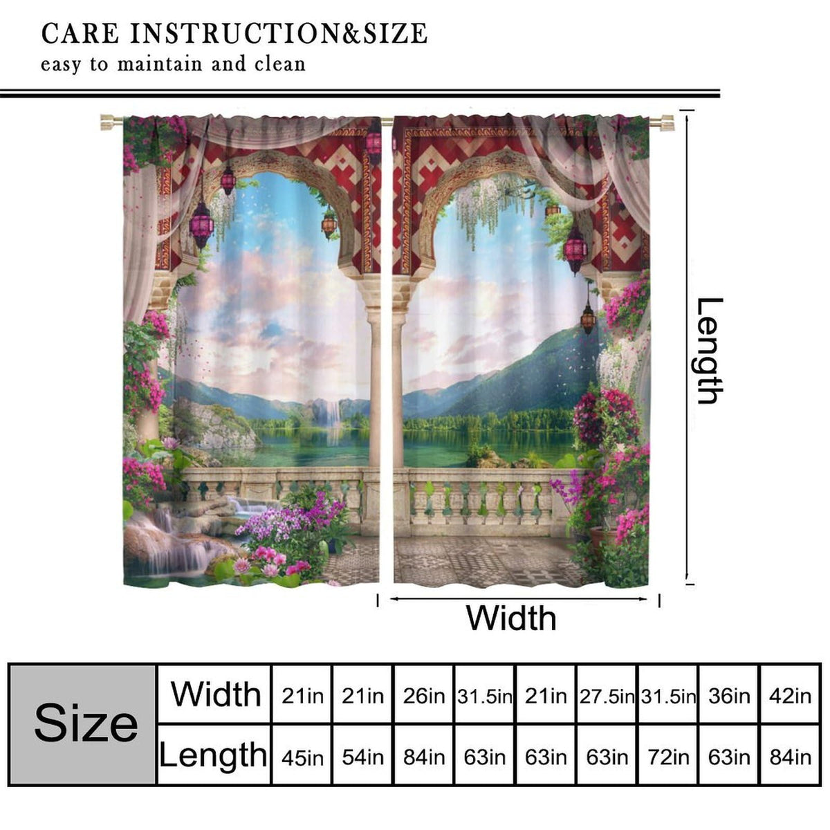 Italian Landscape Curtains for Kitchen Garden Waterfall Lake Nature Scenery Print Pattern Decorative Window Treatments for Bedroom Living Room Bathroom 41x44.5in（No Blackout）
