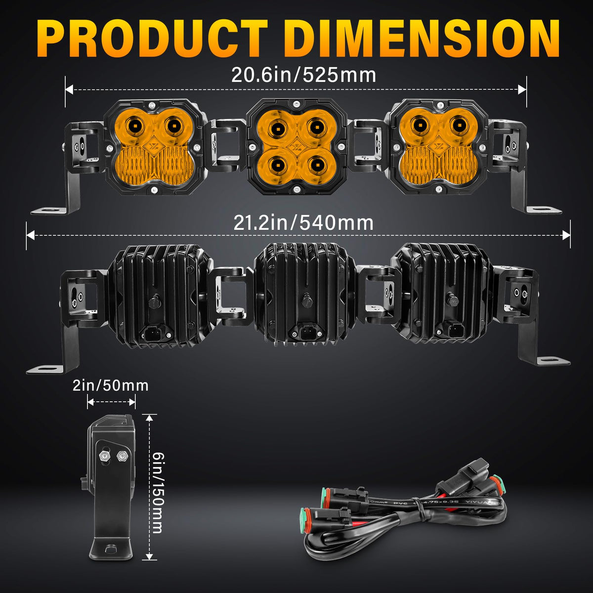 Willpower 21" 90W 9000LM LED Work Light Bar with DT Connector, Square Off Road Driving Lights 12V 24V Fog Lamps for Car Vehicle Truck 4x4 Boat Tractor, 3000K Amber, Waterproof Headlight, Spot Flood