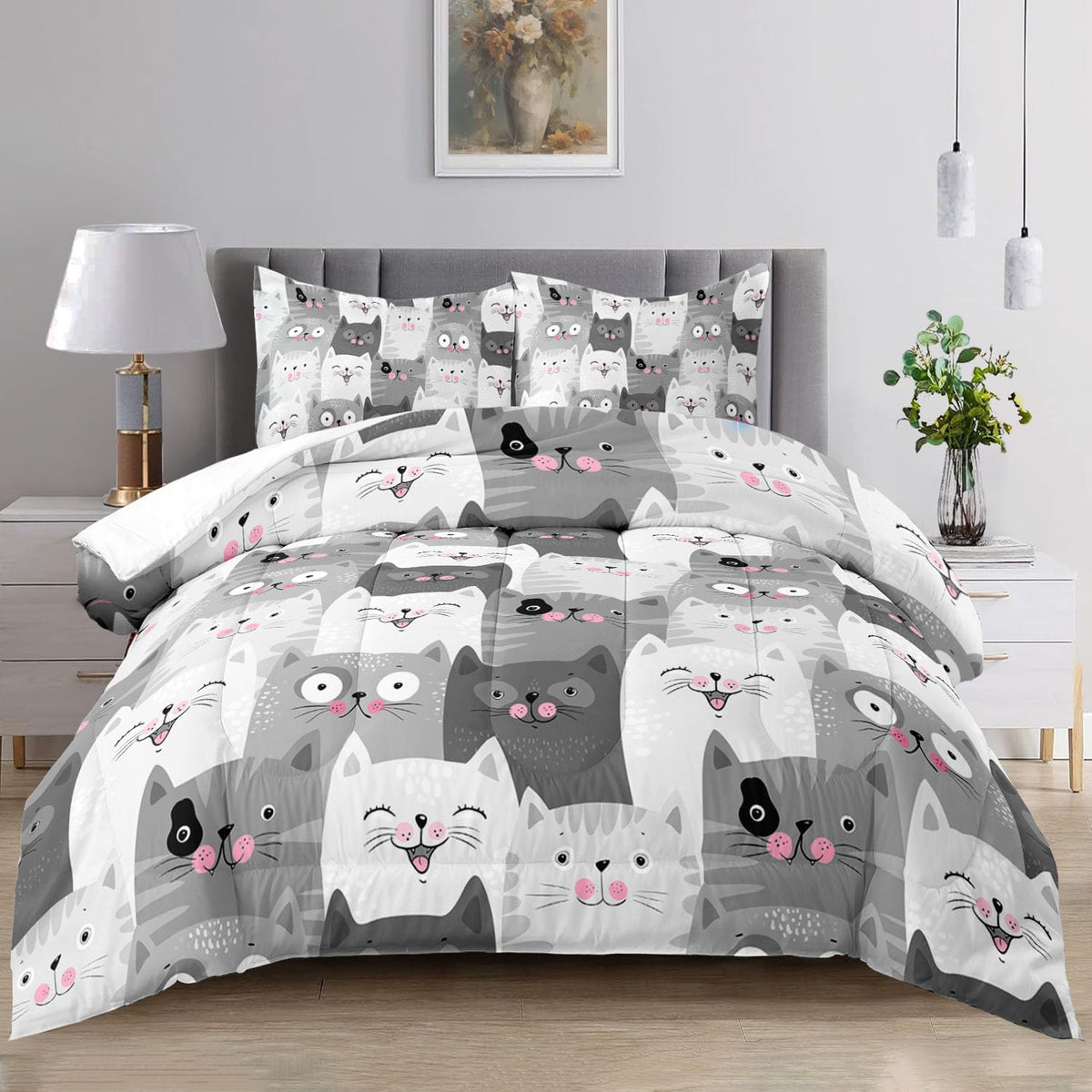 Raphus cucullatus Girls Twin Comforter Set Cat,Kawaii Cat Twin Bedding Sets for Girls,Cute Comforter Sets Twin Size Bed,Kids Animal Print Bedding Set,Girl Grey Bedding 3 Piece Twin Bed Set