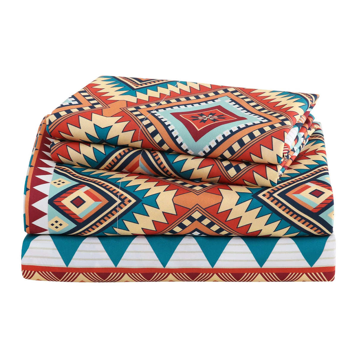 CozySmile 4 Pieces Queen Sheet Set Bohemian, Boho Sheets Soft Microfiber Deep Pocket, Western Sheets Geometric(Queen, Rust Turquoise Diamond)