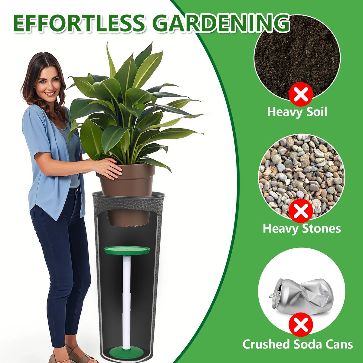YLSAZL 2 Pack Adjustable Height Plant Risers for Inside Pots,11-17" Rise Plant Risers for, Indoor & Outdoor Insert with, Tall Square Round Taper Planter with 6''8" 10" Base & Top（ Green - Short）