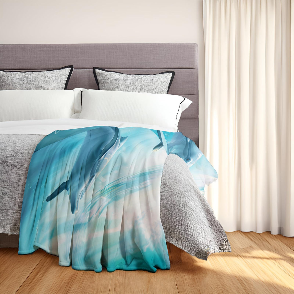 MIEPOS Joyful Dolphin Blanket - Soft, Cozy & Lightweight Flannel Throw - Warm, Plush Decor for Couch, Travel - Fluffy, Fuzzy Undersea Design, Perfect for Marine-Themed Rooms 50×60 Inch