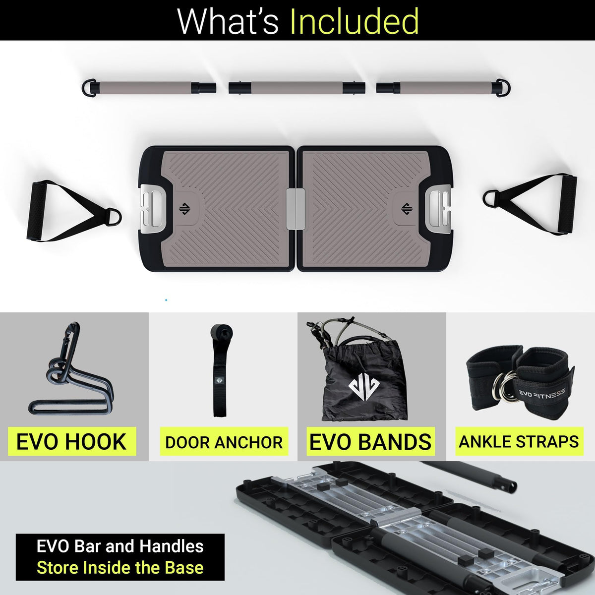 EVO Gym - Portable Home Gym Strength Training Equipment, At Home Gym | All in One Gym - 6 Resistance Bands, Base Holds Gym Bar & Handles for Travel | Portable Gym & Home Exercise Equipment | 120LBS