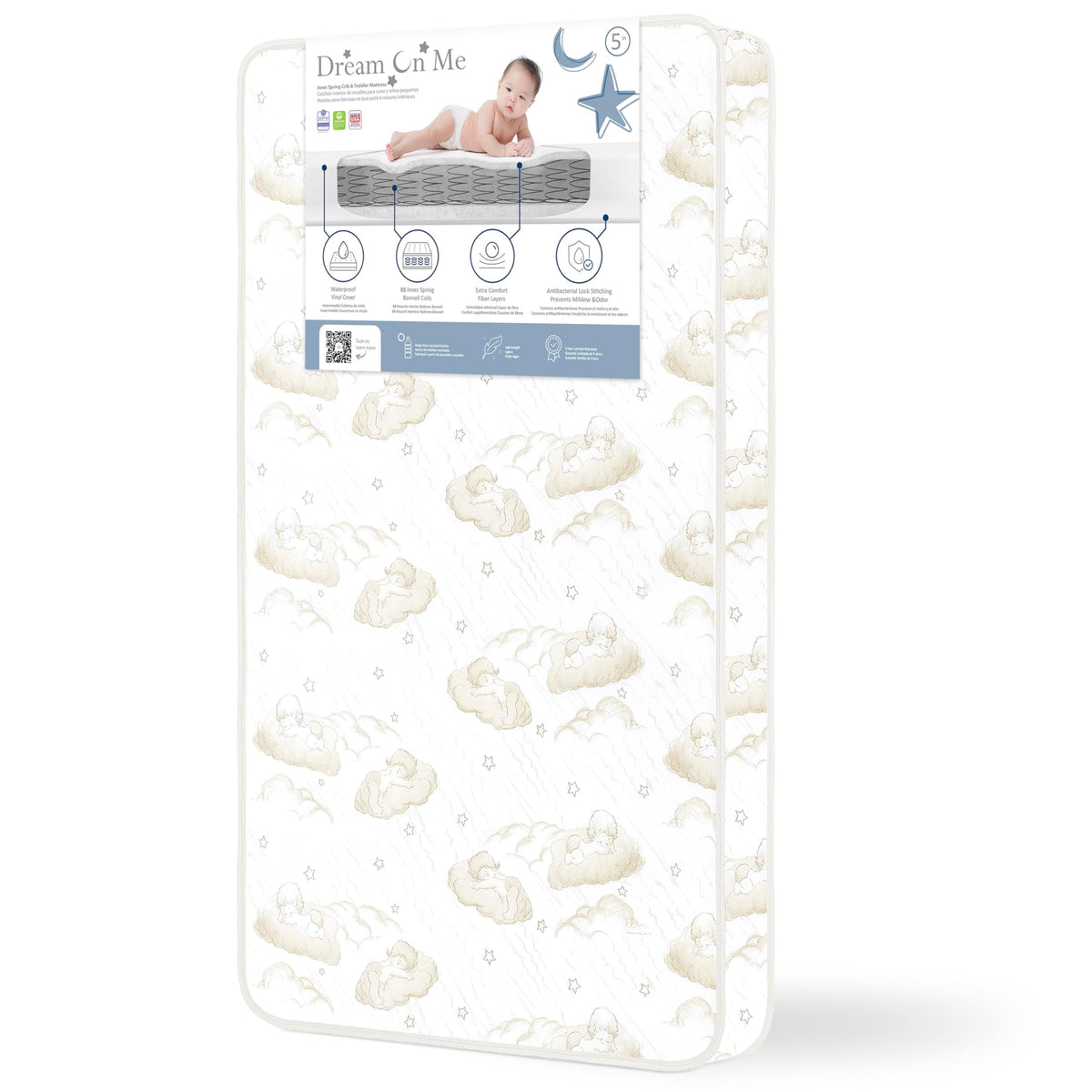 Dream On Me Twilight 5” 88 Coil Inner Spring Crib & Toddler Mattress – Brown Cloud, Greenguard Gold & BSA Certified, Waterproof & Stain-Resistant Cover, Fits Standard Full-Size Cribs & Toddler Beds
