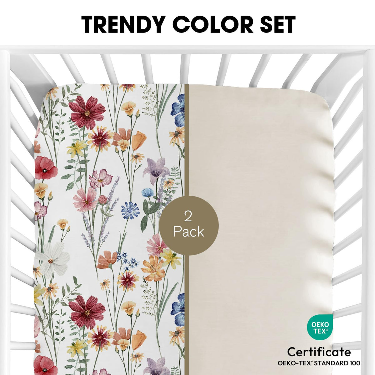 Little Grape Land Crib Sheets for Girls and Boys, 2pk Baby Crib Fitted Sheet for Standard Size Crib and Toddler Mattress, Super Soft Baby Sheet (Spring Flower & Beige)