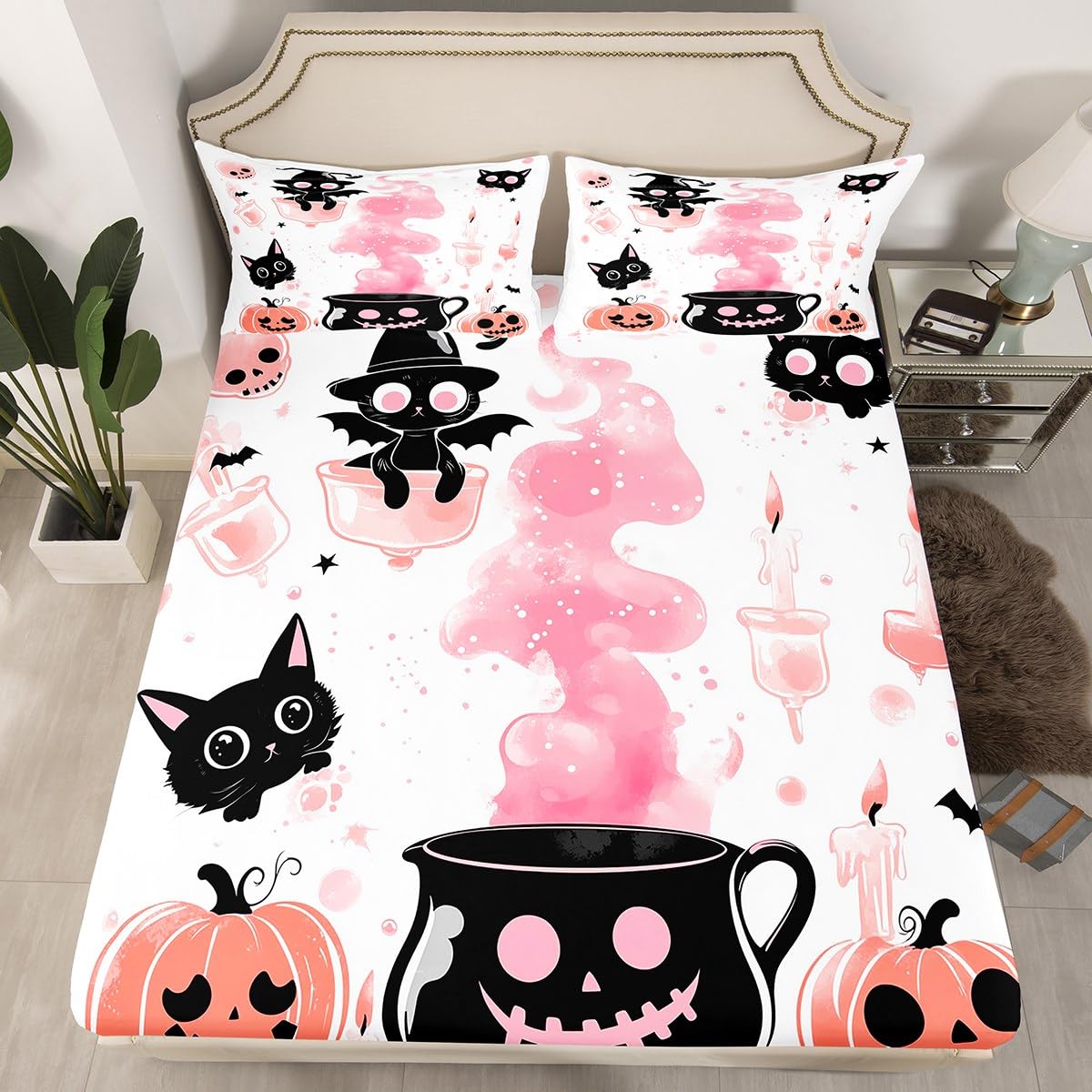 Feelyou Kids Halloween Bed Sheets Set Full Size, Pumpkin Sheet Set Boys Girls Cute Ghost Bedding Set Black Cat Teens Bedroom Decor with 2 Pillow Case