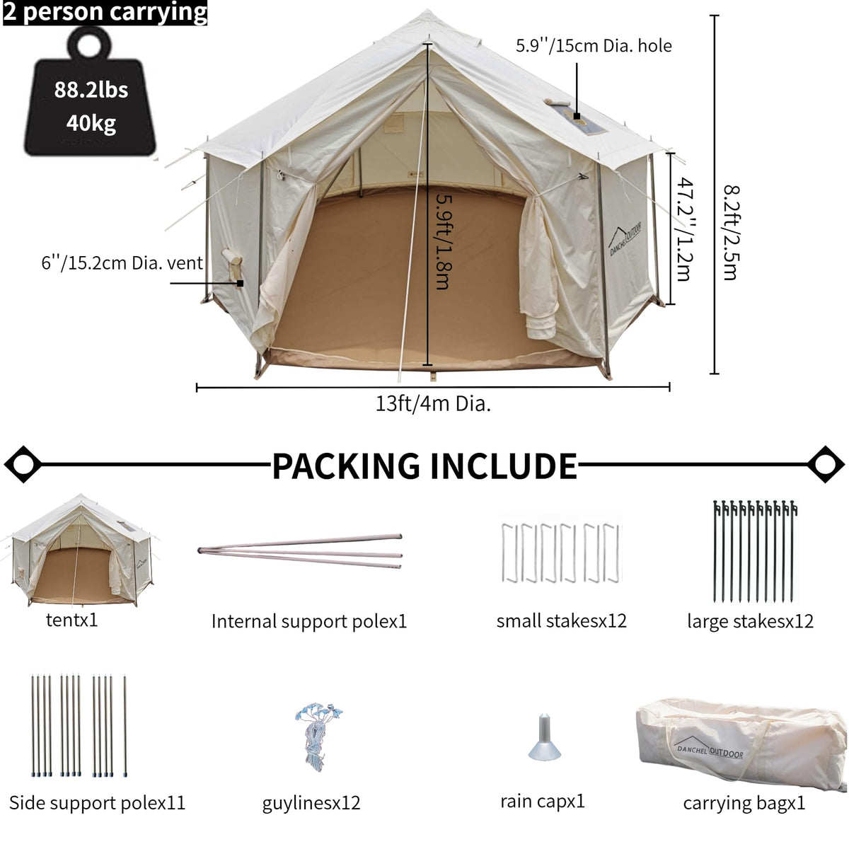 DANCHEL OUTDOOR B6 4 Season High Wall Yurt with Stove Jack, No Center Pole, Flame Retardant 900D Oxford Large Bell Tent Cabin House 4-5 Person Family Glamping, 13ft/4m
