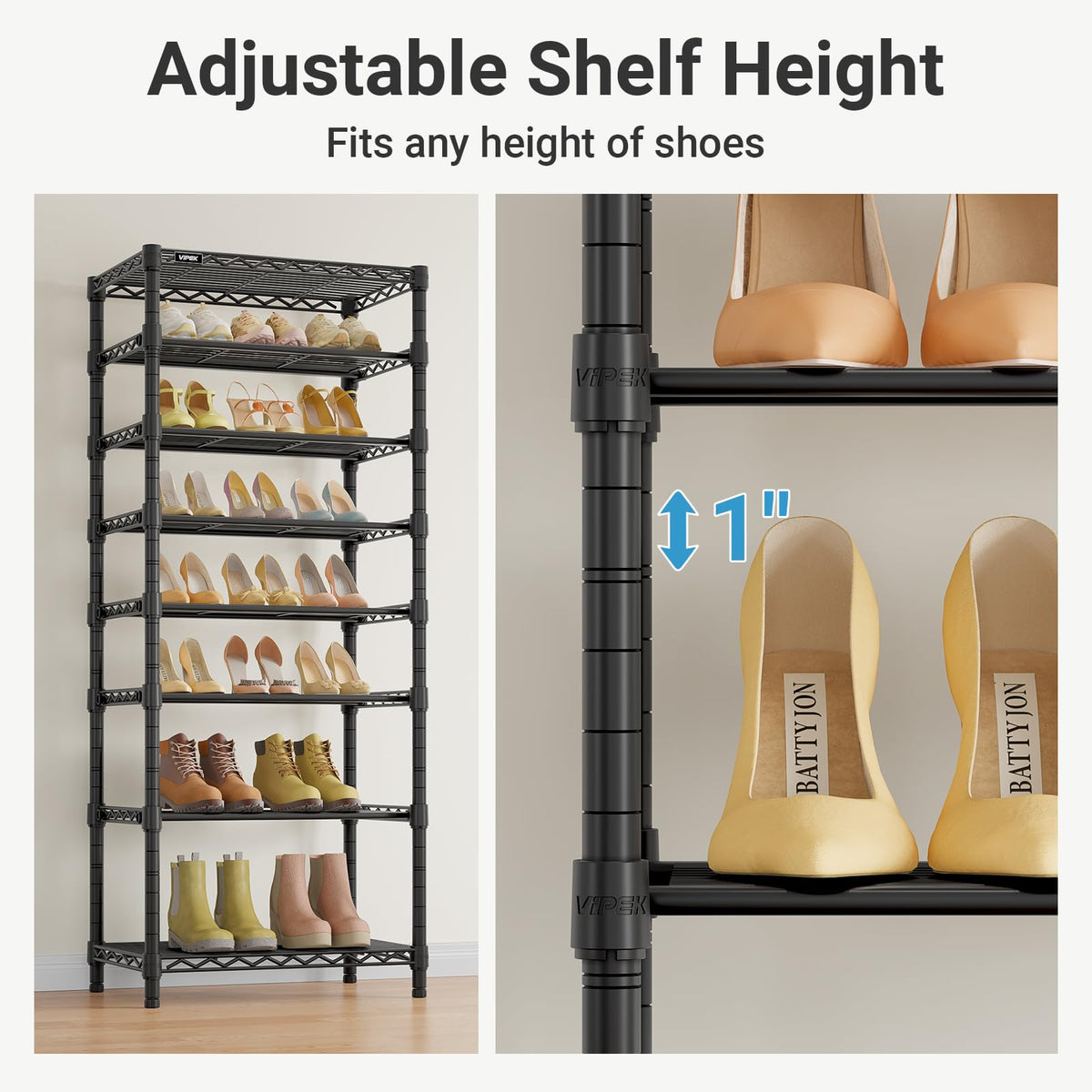 VIPEK S1 Shoe Rack, 8-Tier Metal Durable Shoe Organizer, Heavy Duty Large Capacity Up to 24 Pairs, Adjustable & Detachable Shoe Shelves for Entryway/Bedroom/Closet, Holds Up to 544 lbs, Black