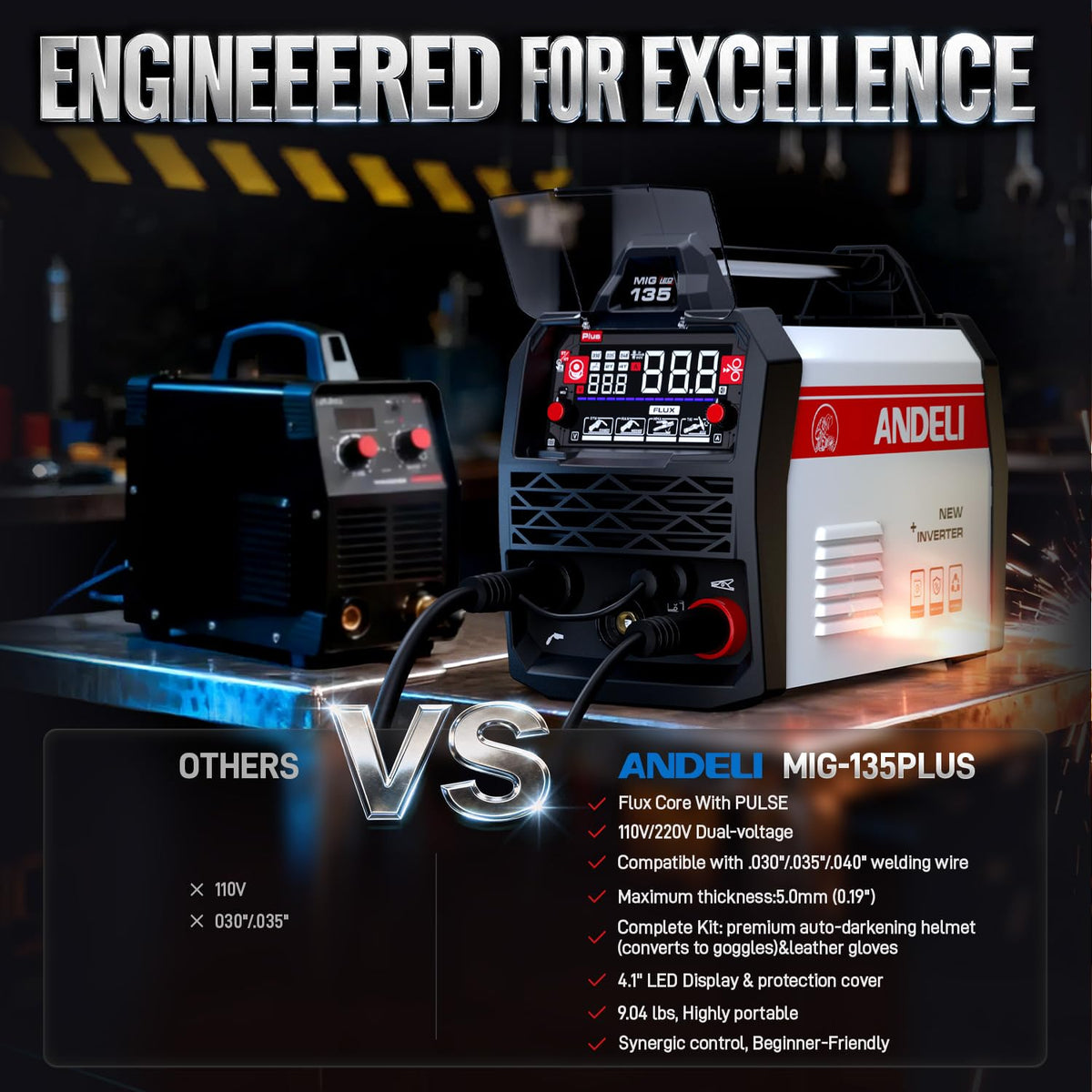 ANDELI 135A MIG Welder 110V/220V, PULSE Flux Core MIG/Lift Tig/Stick 3-in-1 Gasless MIG Welding Machine with Synergy，Large LED Display,2T/4T Full Kit (Bonus Welding Helmet & Gloves)