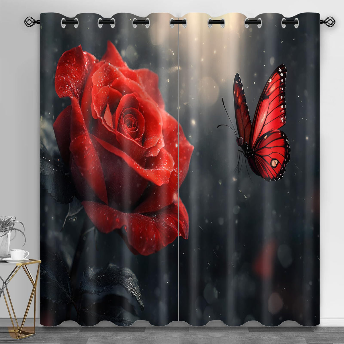 JAXIUOF Red Flowers Curtains 84 Inch Long 2 Panels Butterfly Rose Plants Blackout Curtains, Romantic Floral 3D Printed Drapes, Grommet Top Window Treatments for Bedroom Office Kitchen