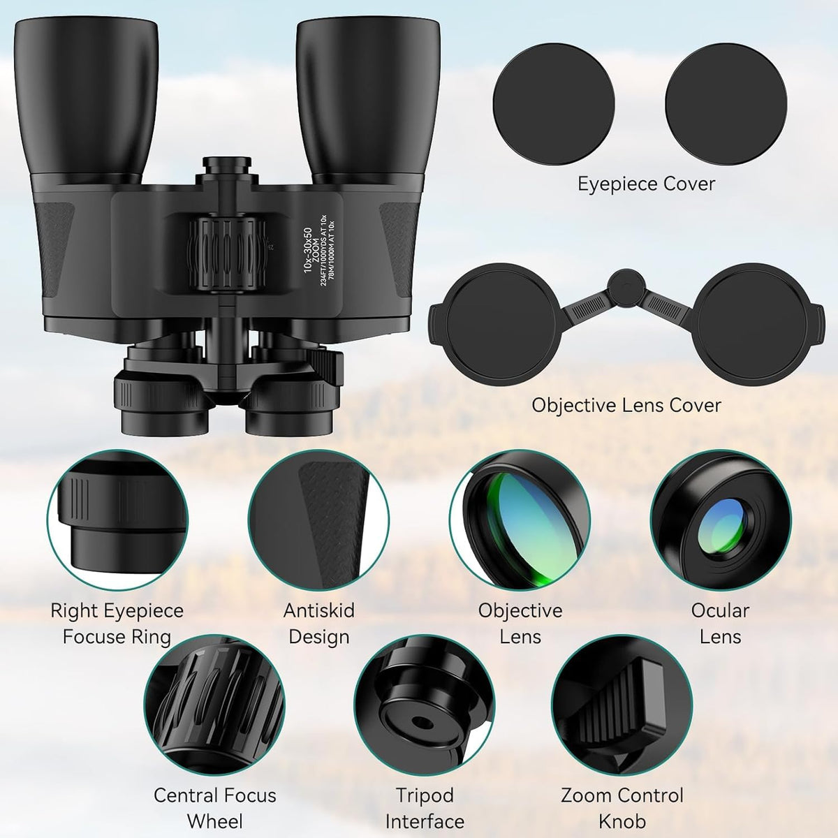 MLight 10-30X50 Zoom Binoculars for Adults, High Powered Military Binoculars for Bird Watching, Hunting, Outdoor, Hiking, Concerts Large View, Waterproof, BK7 Prism, FMC Lens, Low Light Night Vision