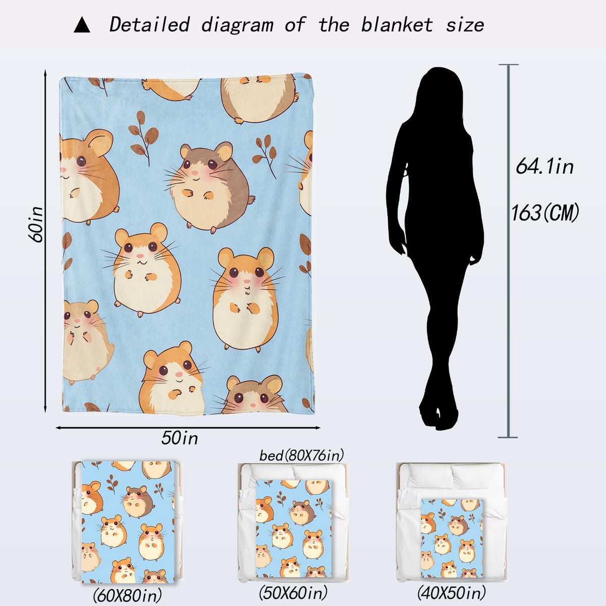 ainori Hamster Blanket - Cute Cartoon Hamsters Light Blue Fleece Throw,Gifts for Kids Adult, Soft & Warm,Lightweight, for Modern Rustic Whimsical Decor, Animal Lovers, and Room Home Accents 50x60in