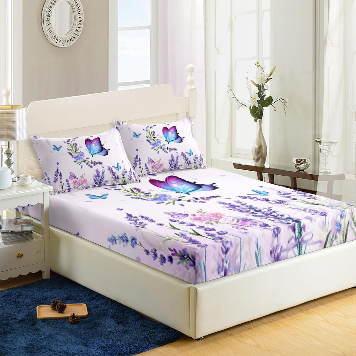 AILONEN Purple Butterfly Fitted Sheet Twin Size, Blossoming Lavender Floral Bedding Set- Flying Butterfly Bring Flowers Book Print Bed Sheet 3 Pieces Set, 1 Fitted Sheet and 2 Pillowcases