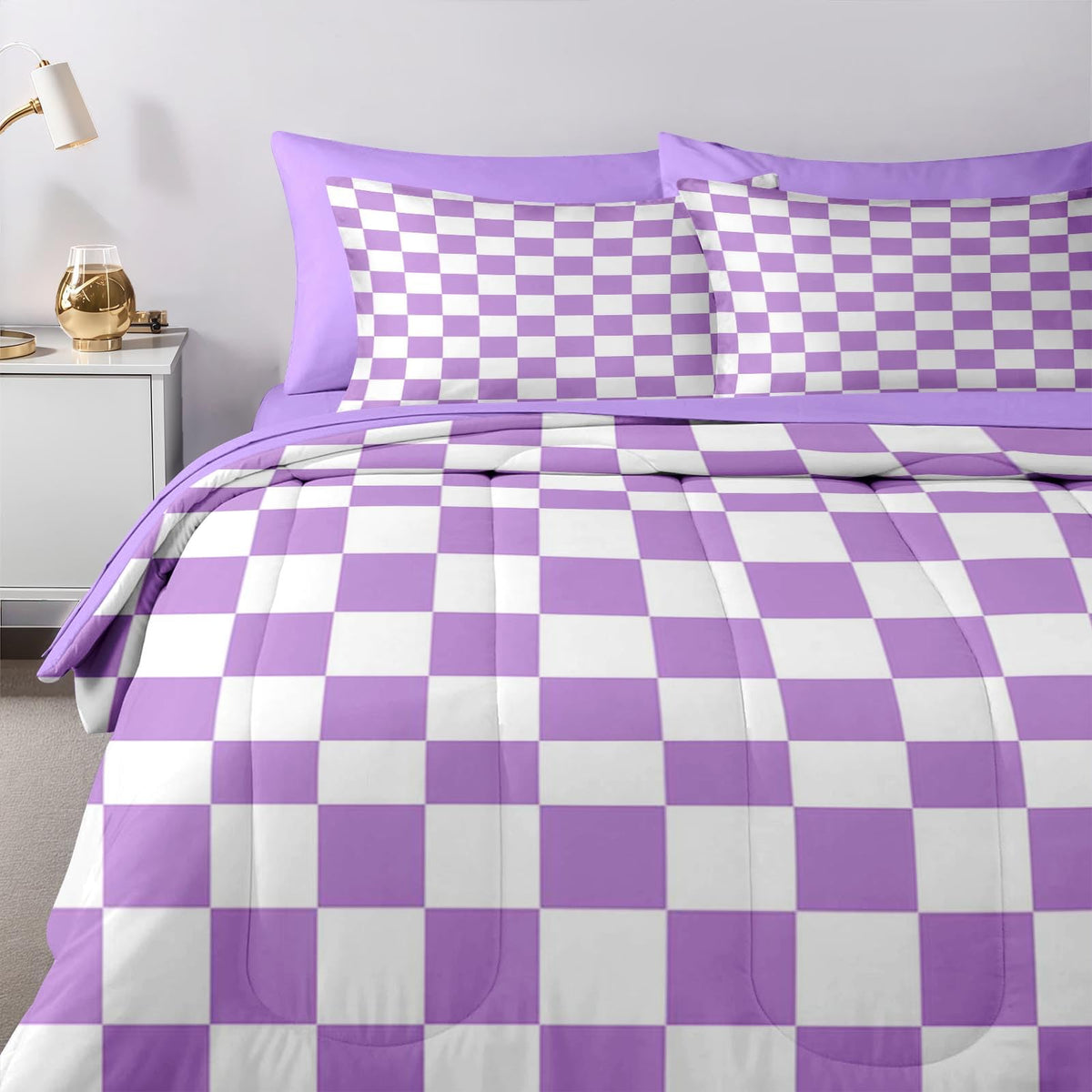 Nesker Comforter Set Full Size, Purple Plaid Gingham 7 Pcs Bedding for Kids and Adults, Checkerboard Grid Bed Sheet Sets with Fitted Sheet 2 Pillowcases & 2 Shams