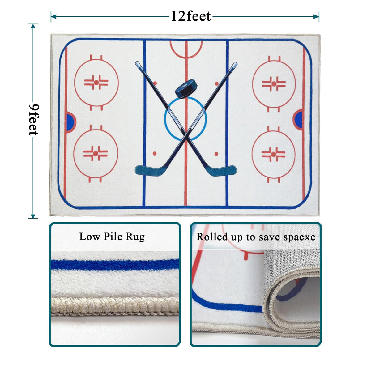 Hockey Rug 9x12 Washable Low Pile Non Slip Sports Rug for Boys Bedroom Decor, Hockey Room Area Rug Man Cave Carpet Mat
