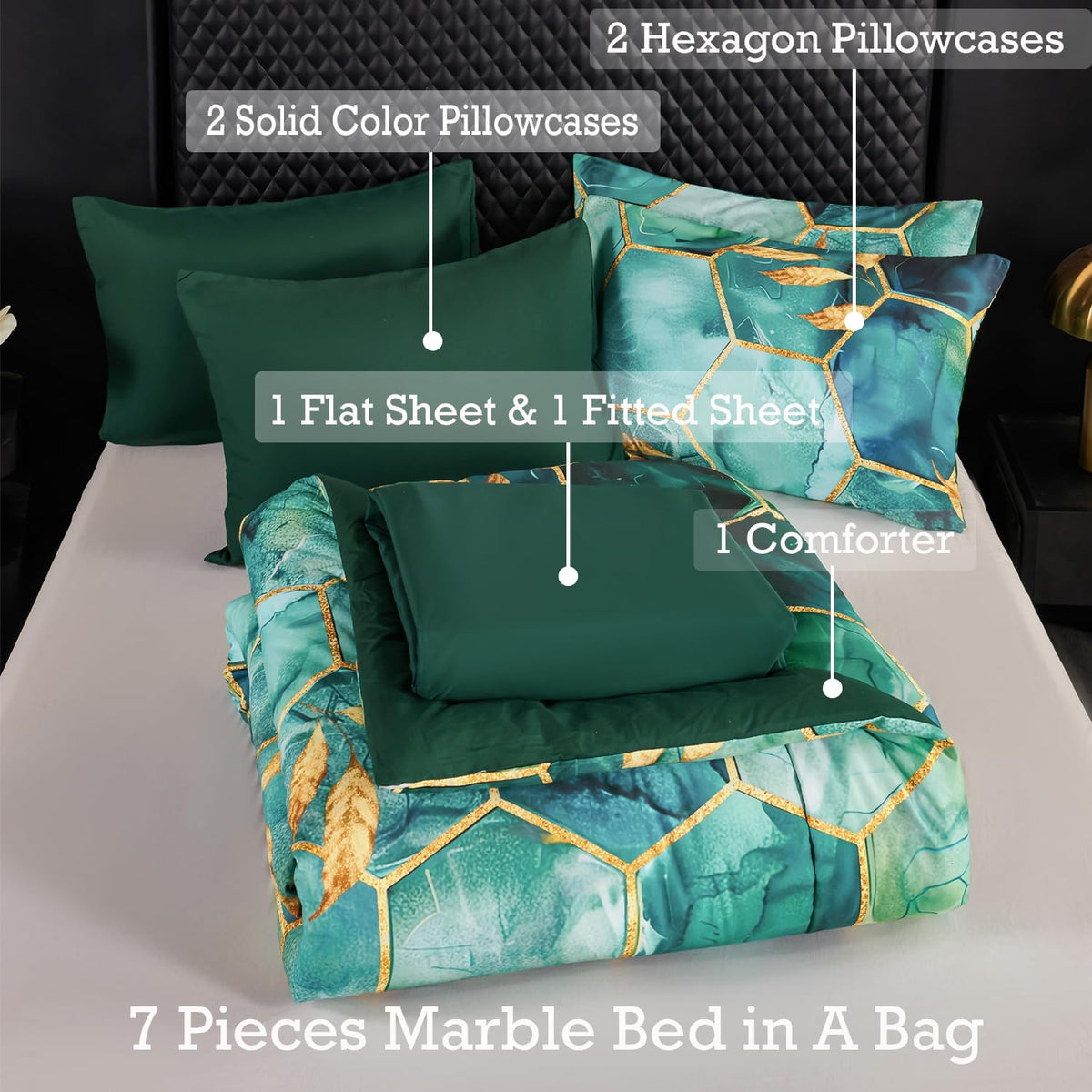 ANGIYUIN 7 Pieces Turquoise Gold Marble Comforter Set Queen Watercolor Printed Bedding Comforter Set Luxury Gold Trim Bed Set Hexagon Honeycomb Bed in A Bag with Sheets(Queen Teal Green)