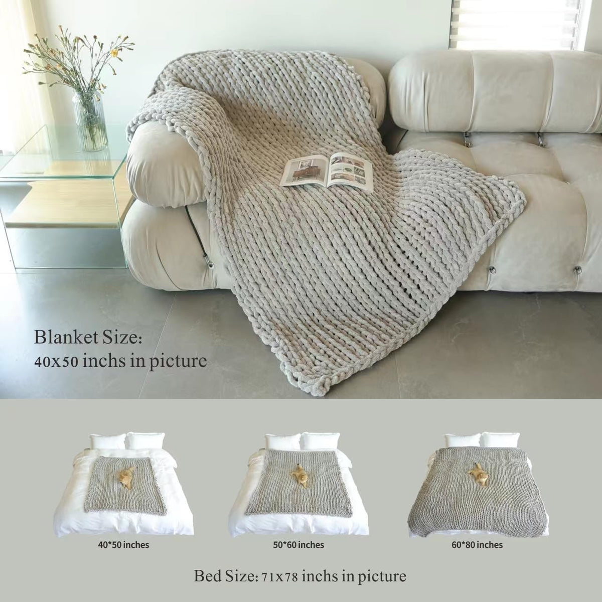 Maetoow Tighter Version Chenille Chunky Knit Blanket Throw （40×50 Inch）, Handmade Warm & Cozy Blanket Couch, Bed, Home Decor, Soft Fleece Banket, Boho Thick Blankets and Giant Yarn Throws，Brown
