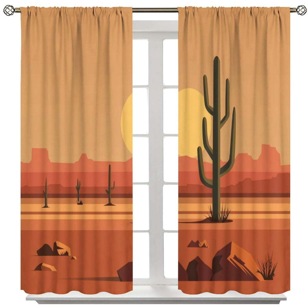 Desert Cactus Curtains, Saguaro Cactus Sunset Landscape Print, Light Filtering Window Drapes for Bedroom Living Room Kitchen, 20.5" W x 44.5" L, 2 Panels （No Blackout）