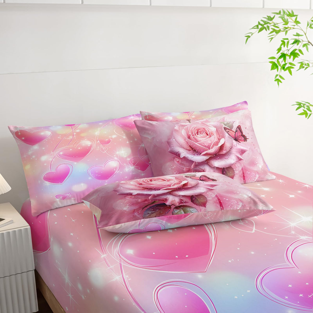 AILONEN Pink Rose Comforter Set Twin Size for Girls Women,7-Piece Soft Bed in a Bag,Rose Flower Butterfly Comforter & Fitted Sheet & Flat Sheet & 2 Pillowcases,2 Pillow Shams