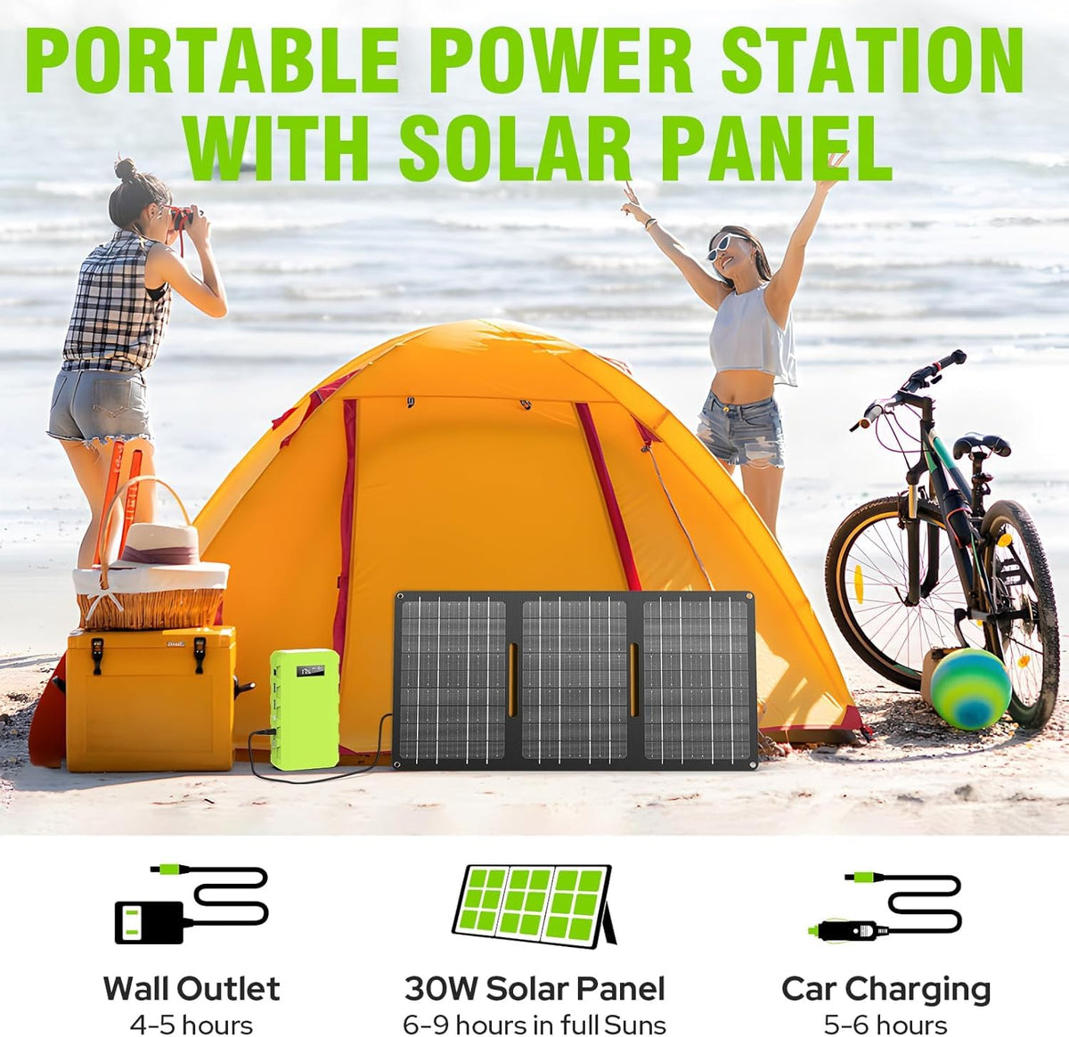 powkey 24000mAh/65W Solar Generator 30W with Panels Included, 88Wh Portable Power Station with AC Outlet, Lithium Battery Rechargeable Powered Bank with 110V AC Outlet for Emergency (Green+Black)