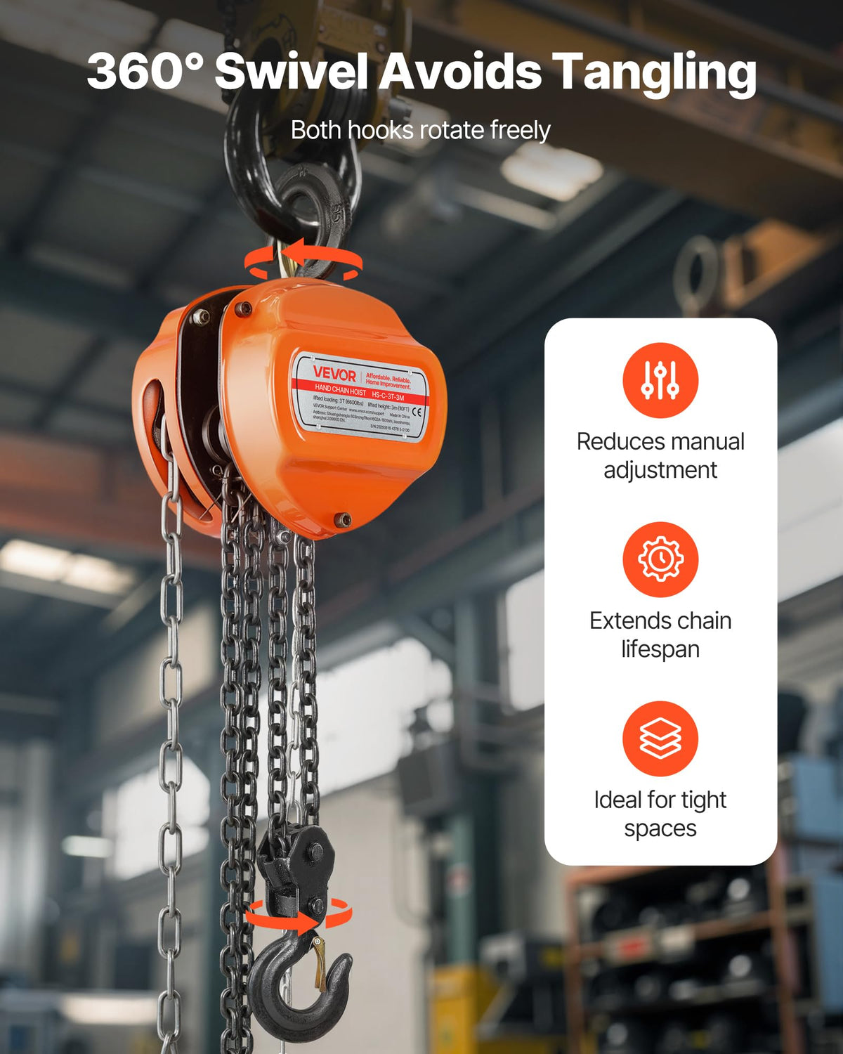 VEVOR Hand Chain Hoist, 3 Ton 6600 lbs Capacity, Manual Chain Block with Upgrade G80 Galvanized Chain, 10 ft Lifting Height, Heavy Duty Pulley Hoist for Garage Warehouse Automotive Machinery, Orange