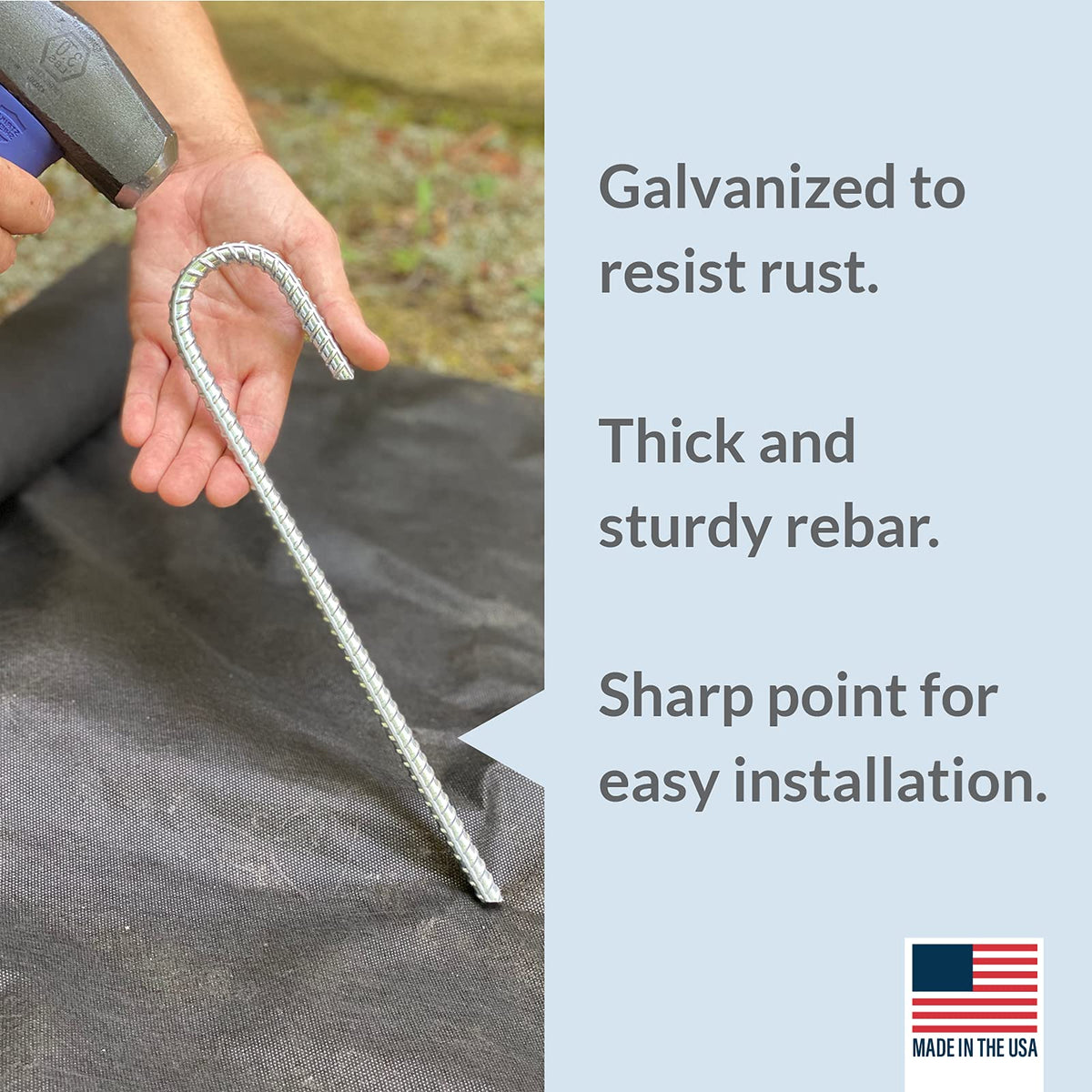 Pinnacle Mercantile 100 Pack Anti Rust Rebar Stakes J Hook Heavy Duty Galvanized Steel Ground Anchors 12 inch Long 3/8 inch Round Chisel Point End Made USA