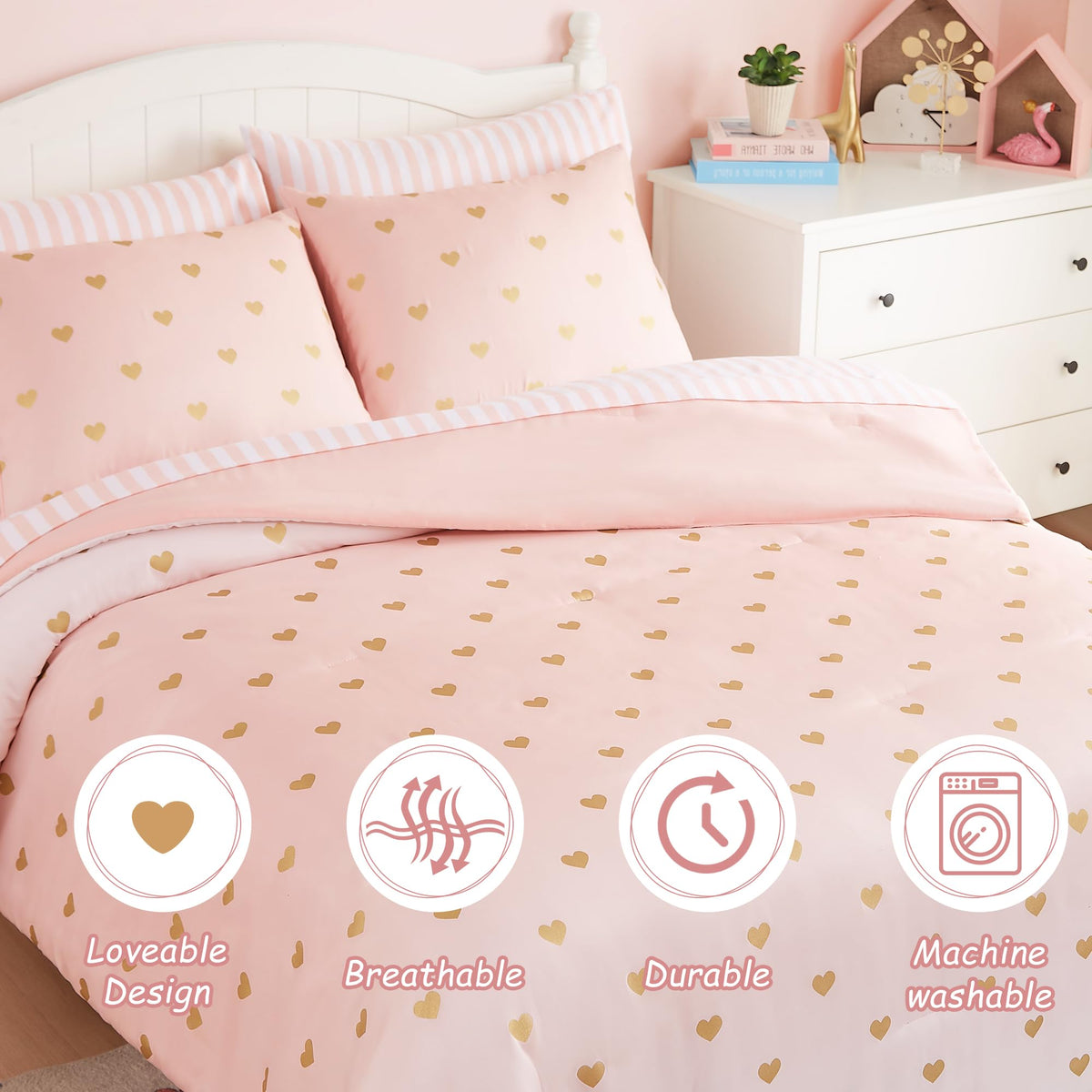 Wink Deer Twin Comforter Set with Sheets for Girls-5 Pieces Twin Bedding Sets with Pink White Gradient Ombre Comforter, Sheets, Pillowcase & Sham for Kids (Gold Heart, 66" X 86")
