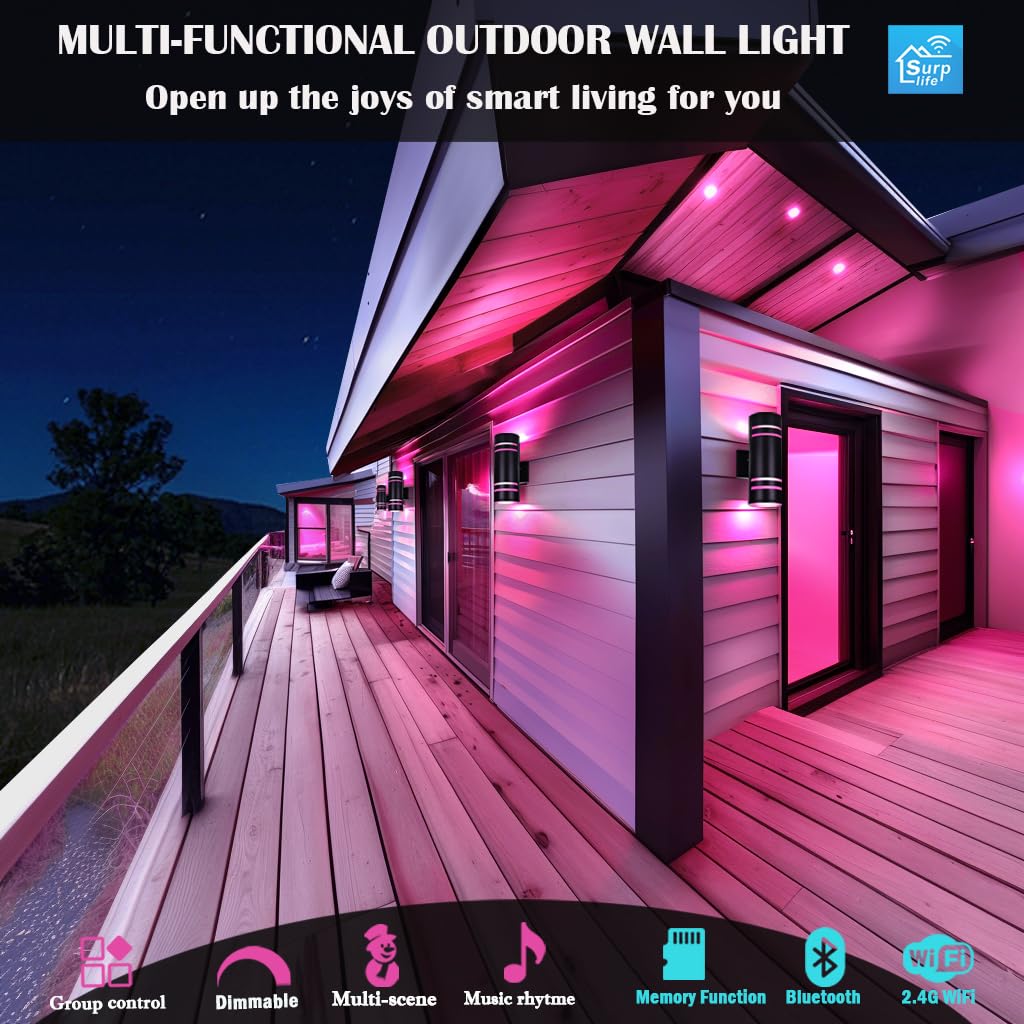 iYogaled Smart RGB Outdoor Wall Lights, 2 Pack Front Porch Light Fixtures, Cylinder Up and Down Lights Outdoor Wall Sconce, Exterior Lighting Fixture Compatible with Google Assistant Alexa
