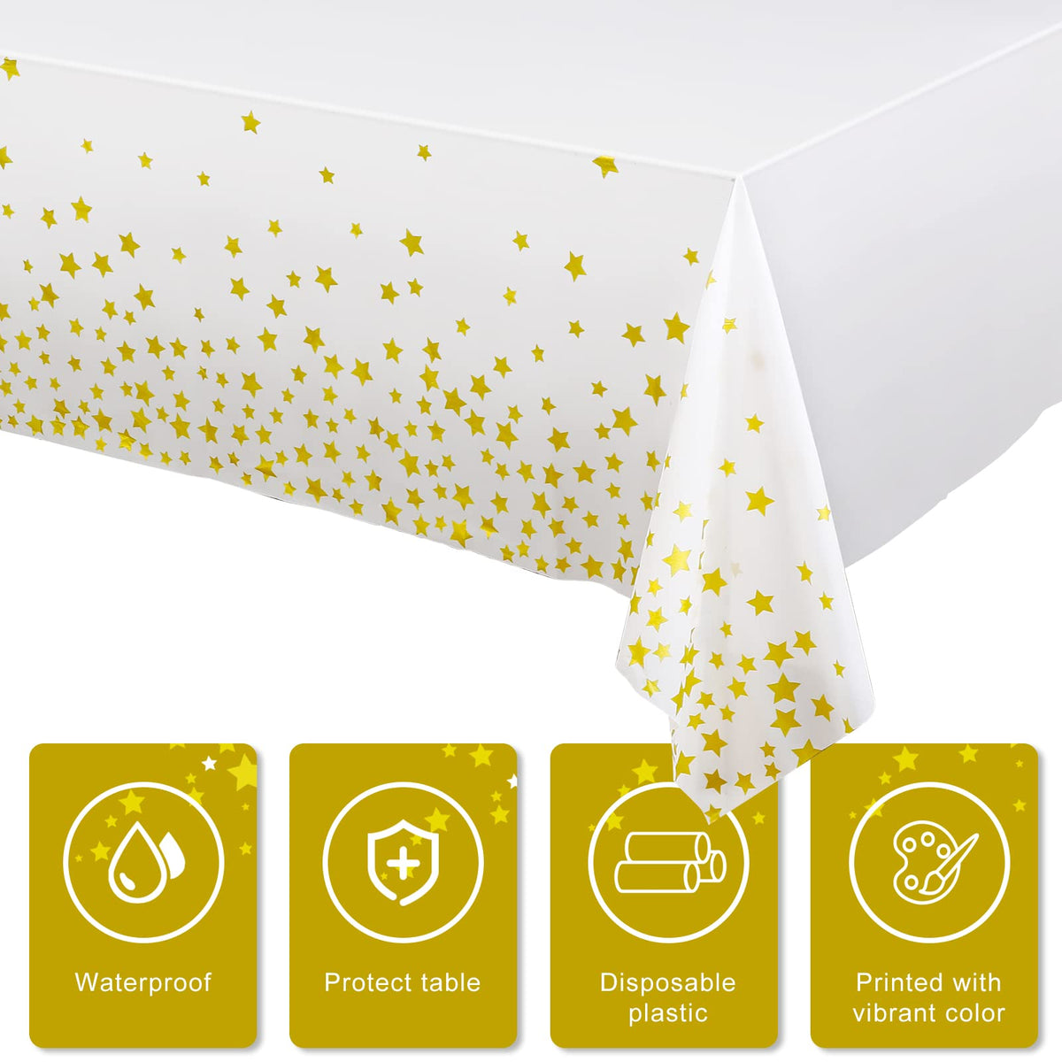 Tudomro 6 Pack Gold Star Tablecloths Under The Plastic Table Cover Disposable White Gold Table Cloth Rectangle Twinkle Little Stars Decor for Bee Birthday Wedding Baby Shower Supplies 108 x 54 Inch
