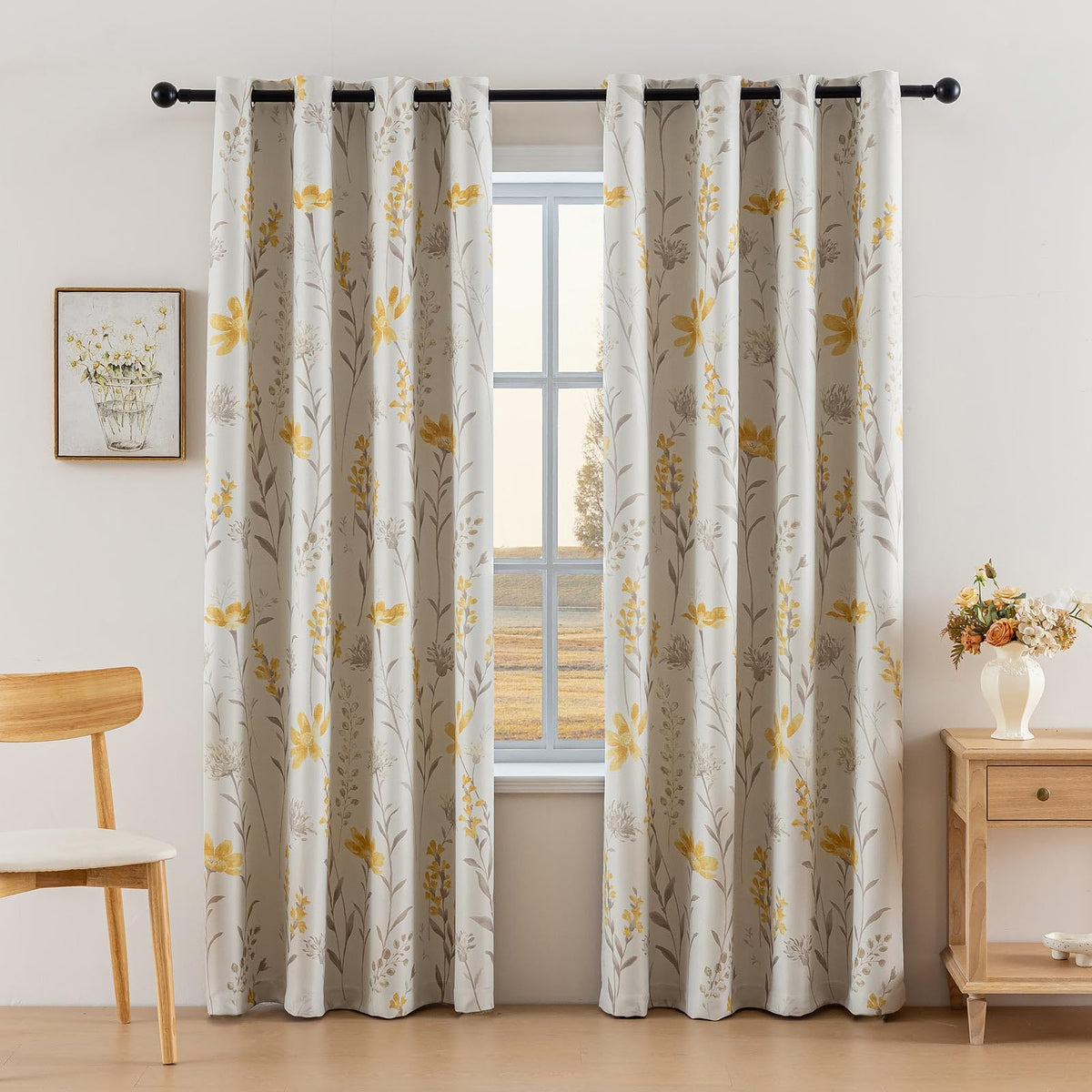 SUOUO Yellow Floral Blackout Curtains for Bedroom 96 inches Long Patterned Grey Leaf Thermal Insulated Window Drapes for Living Room 2 Panels