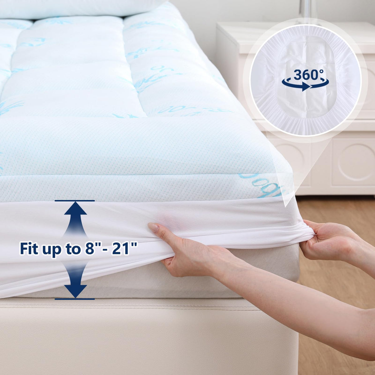 DOWNCOOL 100% Waterproof Queen Mattress Topper, Cooling Pillow Top Memory Foam Mattress Topper for Hot Sleepers, Viscose Derived from Bamboo, Deep Pocket Fits 8-21 Inch