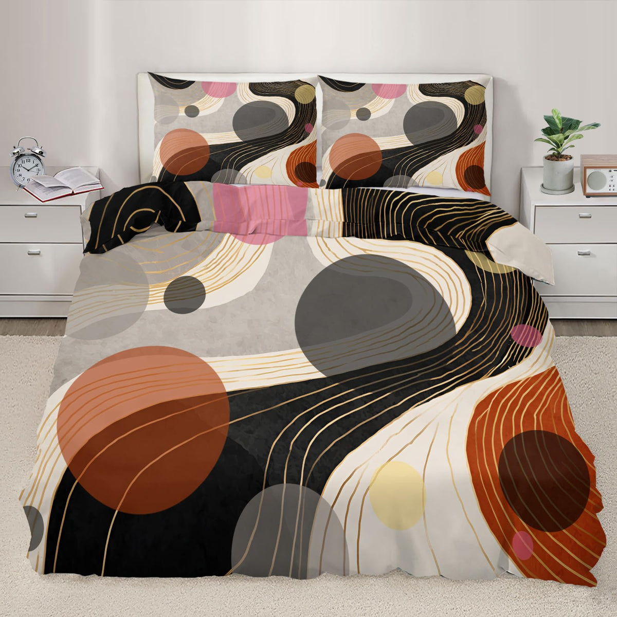ZAOMIR Geometric Abstract Duvet Cover Queen Size for Teen Women Adult, Modern Geometric Line Bedding Set 3 Piece, Minimalist Mid Century Circle Patterned Comforter Cover with Zipper, 2 Pillowcases