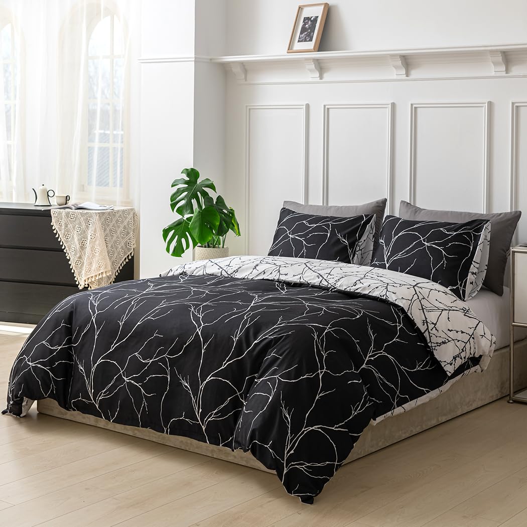 Lekesky Reversible Duvet Cover Queen Size, Black Branch Comforter Cover Queen 3pcs Microfiber Botanical Bedding Set with Zipper Closure Corner Ties