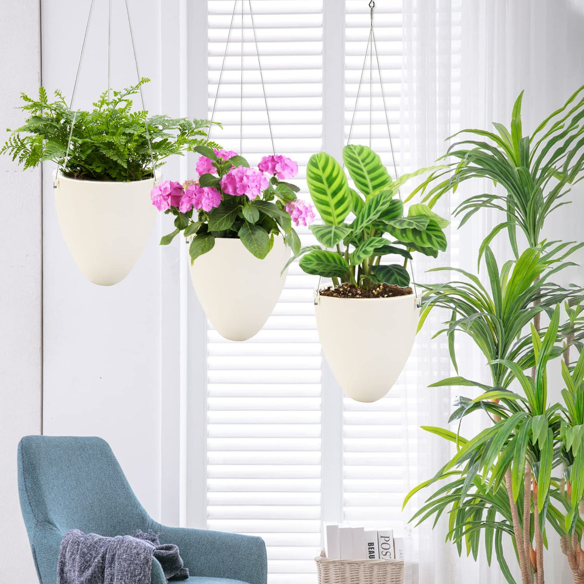 Sungmor 3 Pack Self Watering Hanging Planters, Unique Eggshell Shape Indoor Outdoor Hanging Pots for Plants, Modern White Plastic Flower Pots Home Decor Hanging Basket