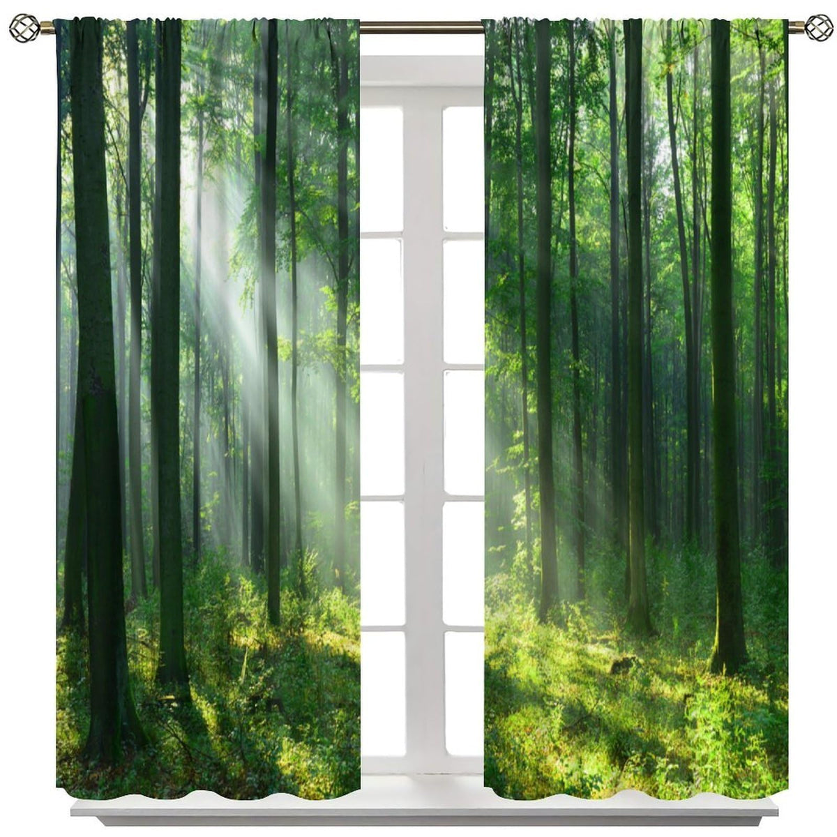 Green Misty Forest Curtains Nature Sunshine Sunlight Through Trees Leaves Natural Forest Woodland Landscape for Bedroom Living Room Rod Pocket Decoration Window Drapes 2 Panels W21xL63i W21xL45in