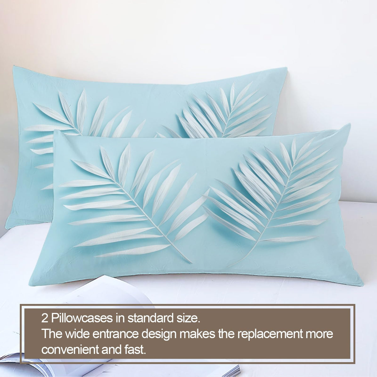 PAISUOQ Tropical Bedding Sets Full Brown Leaves Comforter Cover with Zipper Ties, Simple Blue Duvet Cover with 2 Pillowcases, 3 Pieces，Bedroom Decor & Gifts