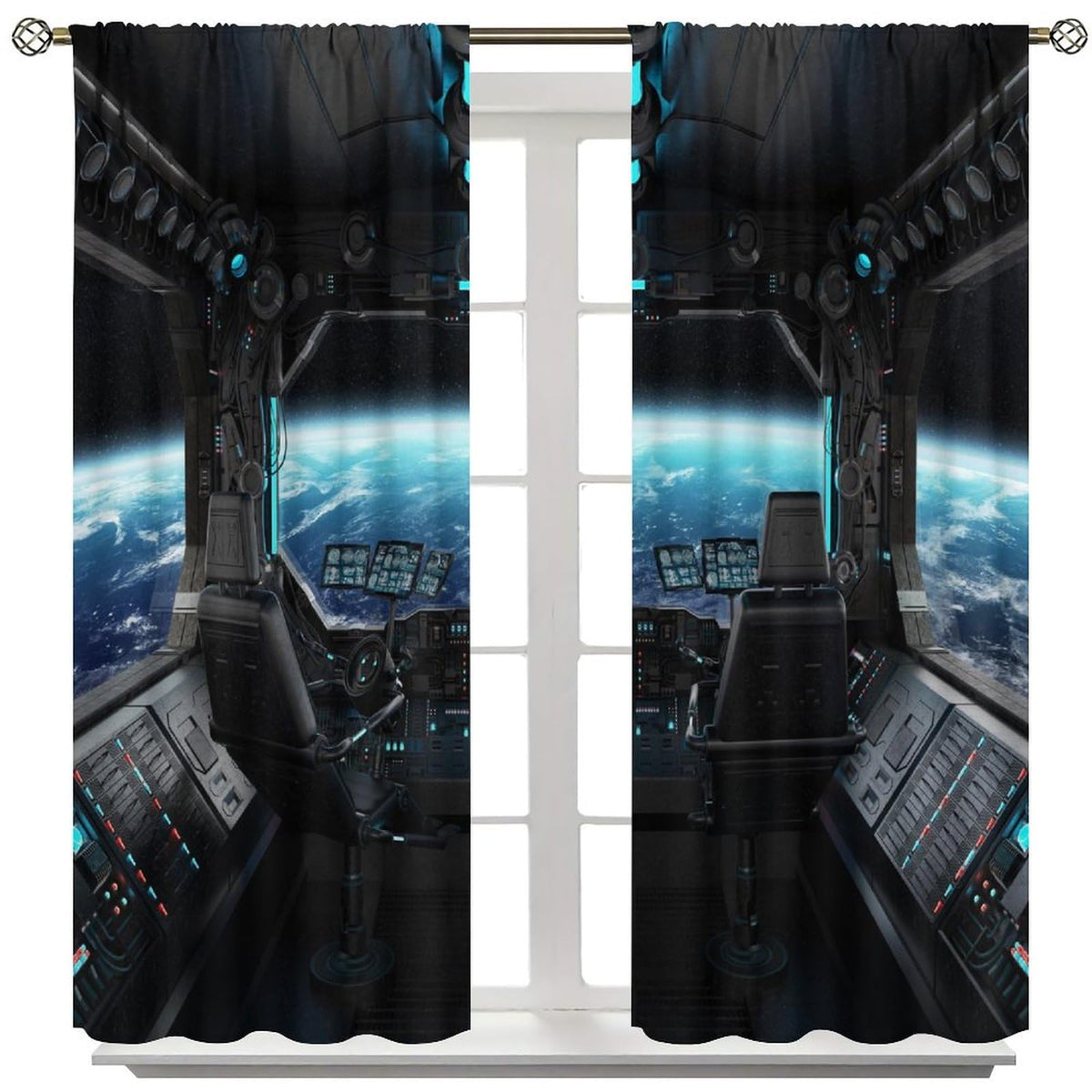 YSWOW Spaceship Curtains Galaxy Futuristic Science Spacecraft Cabin Art Printed Window Drapes for Kids Boys Bedroom Decor Fabric 2 Panel W21xL45in