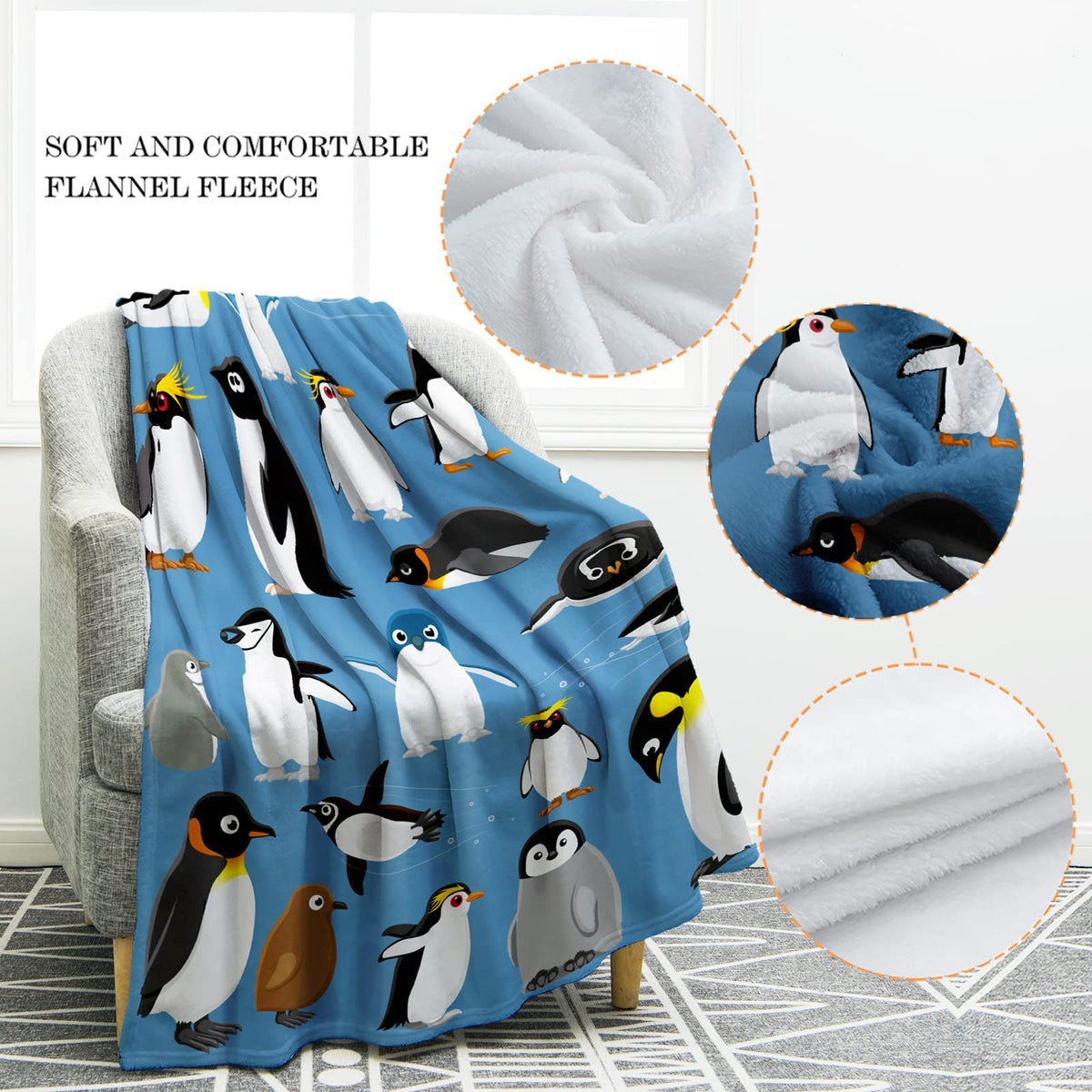 Jekeno Penguin Blanket Gifts for Women Girls Boys Mom Men Home Bedroom Living Room Decor Soft Cozy Lightweight Plush Throw Blankets Blue 50"x60"