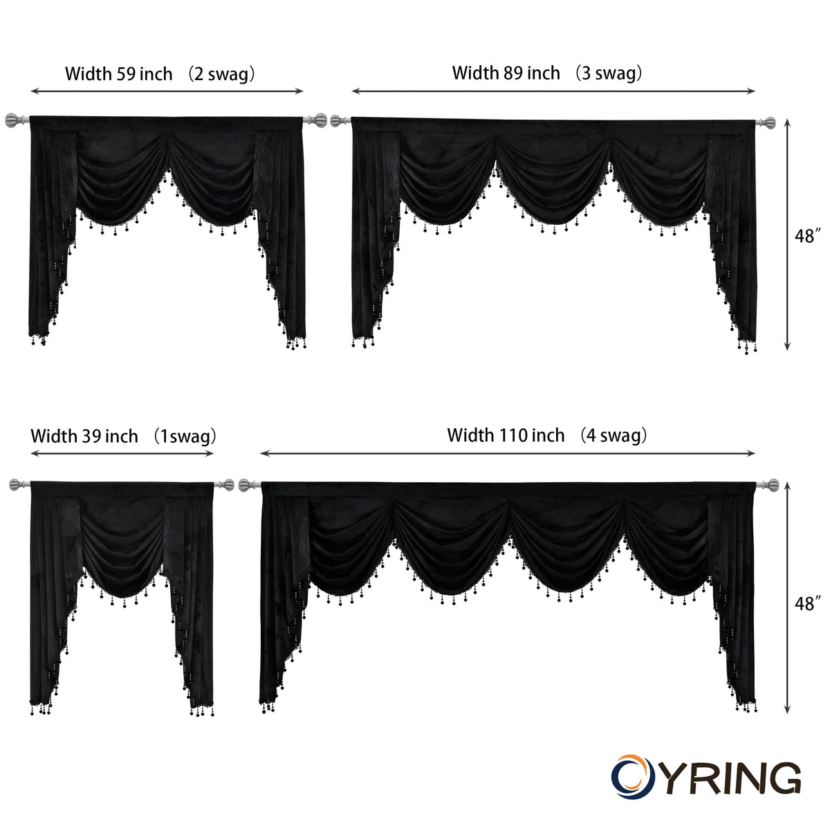 OYRING Black Velvet Rod Pocket Waterfall Valance for Living Room Window Valances for Kitchen (1 Panel, W39 Inch, Black)