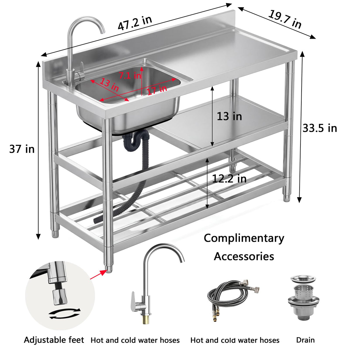 Free Standing Stainless-Steel Single Bowl Commercial Restaurant Kitchen Sink Set w/Faucet & Drainboard, Prep & Utility Washing Hand Basin w/Workbench & Double Storage Shelves Indoor Outdoor (47in)