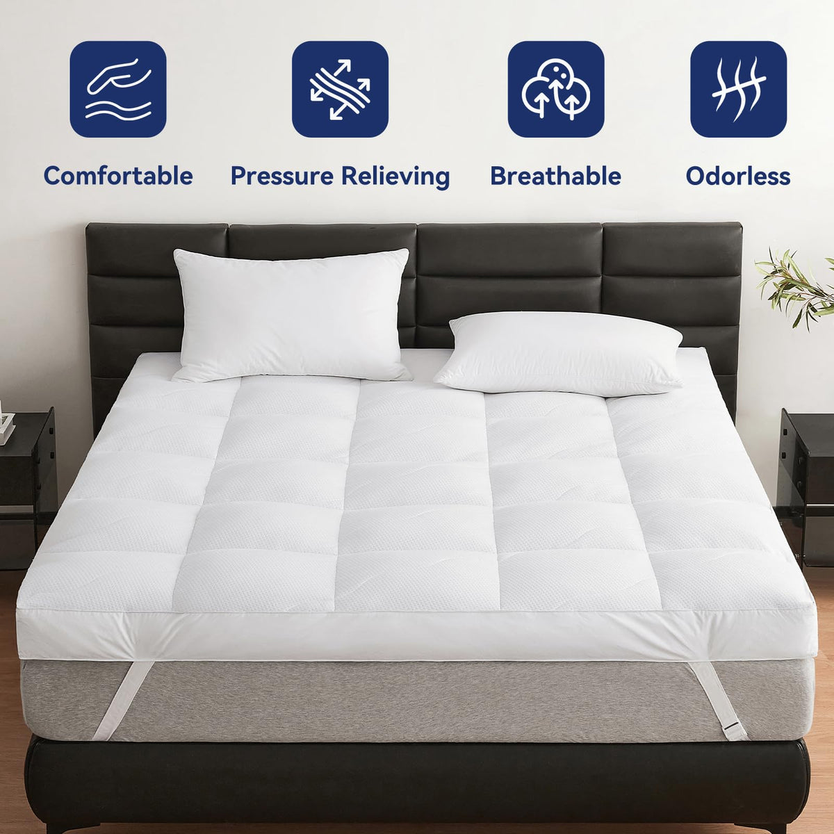 LeWinBedding Dual Layer 5 Inch Goose Feather Mattress Topper Full Size, 4 Inch Goose Feather Plus 1 Inch Down Alternative Pillow Top, Medium Firm Featherbed with Adjustable Straps(54"x75", Wavy)