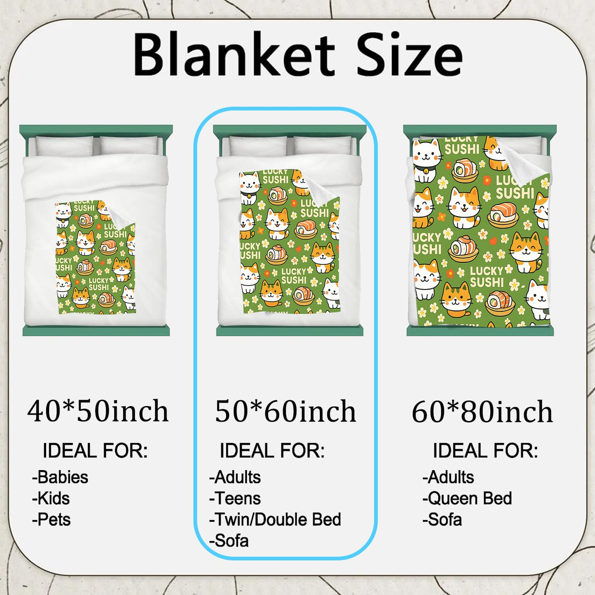 jwyta Sushi and Cat Flannel Blanket,Green Background Throw with Cute Kitten,Japanese Food and Floral,Lightweight Fleece Blankets for Animal Lover,Couch,Cabin,Bed,Camping Decor Gifts,60x50in