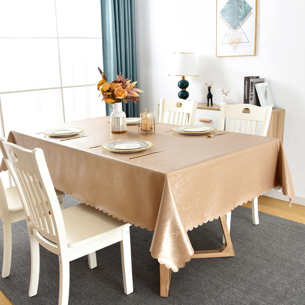 Romanstile Rectangle Vinyl Tablecloth,100% Waterproof Heavy Duty Oil Spill Proof Stain Resistant Plastic PU Table Cover with Flannel Backing for Kitchen, Dining (Flower Champagne, 52 x 70)